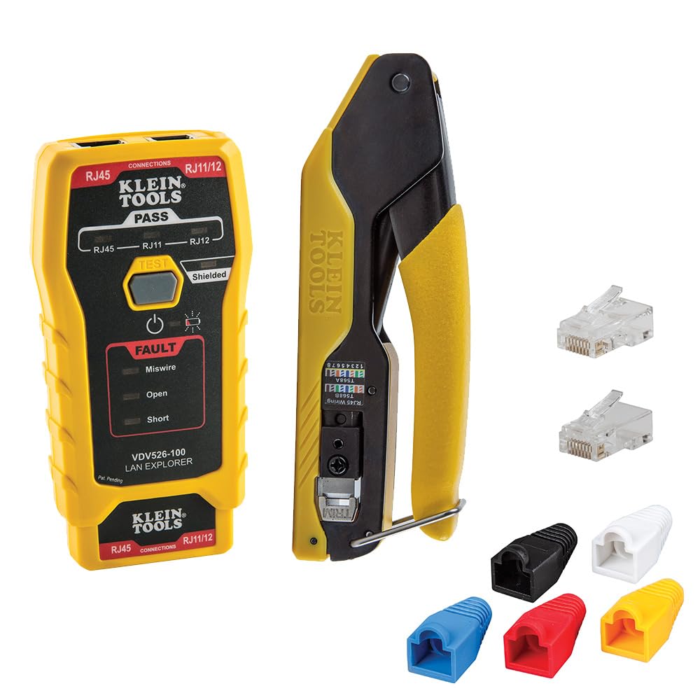 Klein Tools 80093 Professional VDV LAN Cable Tester Kit - Includes LAN Tester, Pass Thru Crimper, CAT6/CAT5e Plugs & Strain Relief Boots (5-Piece Set) for Network Installation & Maintenance