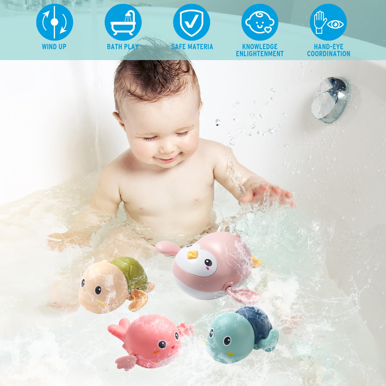 **Best Baby Bath Toys for Toddlers 1-3 Years - 4 Pack Floating Wind-Up Swimming Toys for Kids 1-5, Fun Bathroom & Pool Water Toys for Boys & Girls - Perfect Infant Gifts for 6-12 Months (Turtle Design) - Ideal for Bathtime, Showers & Pool Play**