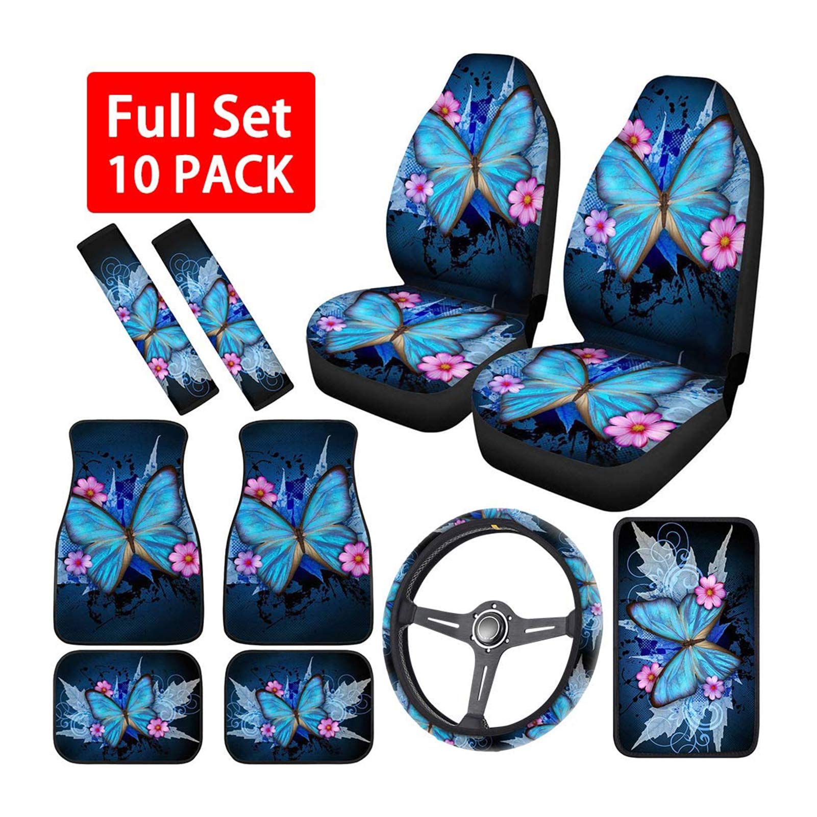 Blue Butterfly Floral Print Car Seat Covers Full Set - Universal 10-Piece Auto Interior Accessories (Front Seat Covers, Steering Wheel Cover, Floor Mats, Armrest Cover, Seat Belt Pads) - Perfect for Sedans, SUVs, Trucks & Daily Commuting