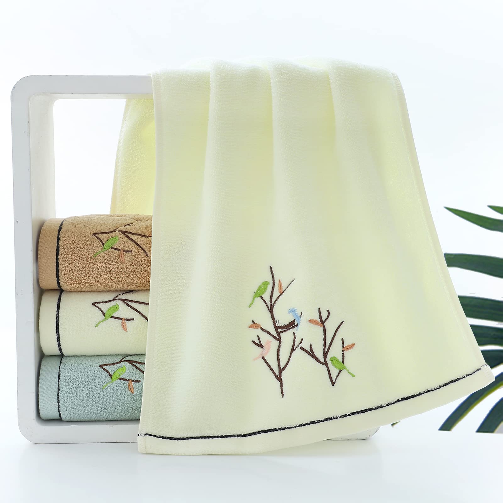 Premium 100% Cotton Embroidered Hand Towels Set of 2 - Soft Absorbent Bath Towels with Elegant Bird & Tree Design for Bathroom, Kitchen & Guest Use (Light Yellow) - Perfect as Housewarming Gift & Home Decor