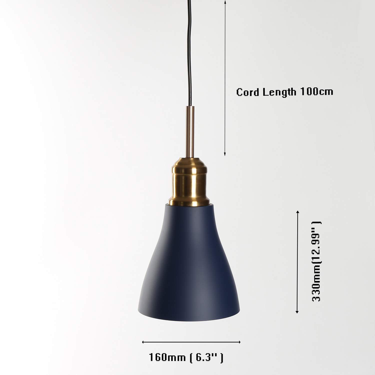 Modern Brass Copper Painted Ceiling Pendant Light with Metal Lampshade - Blue LED Lighting Fixture for Dining Room, Kitchen, Coffee Bar, Living Room & Study | Energy Efficient Home Decor Lighting Solution