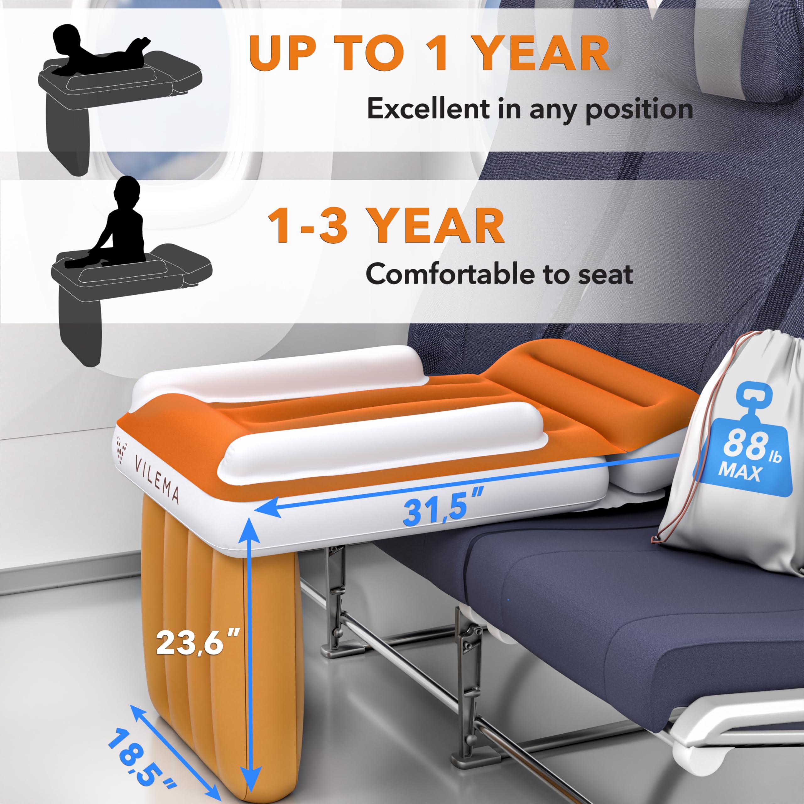 Inflatable Airplane Toddler Bed for Kids - Portable Travel Bed with Blanket & Phone Holder - Perfect for Airplane, Camping & Sleepovers (Standard, 1 Count)