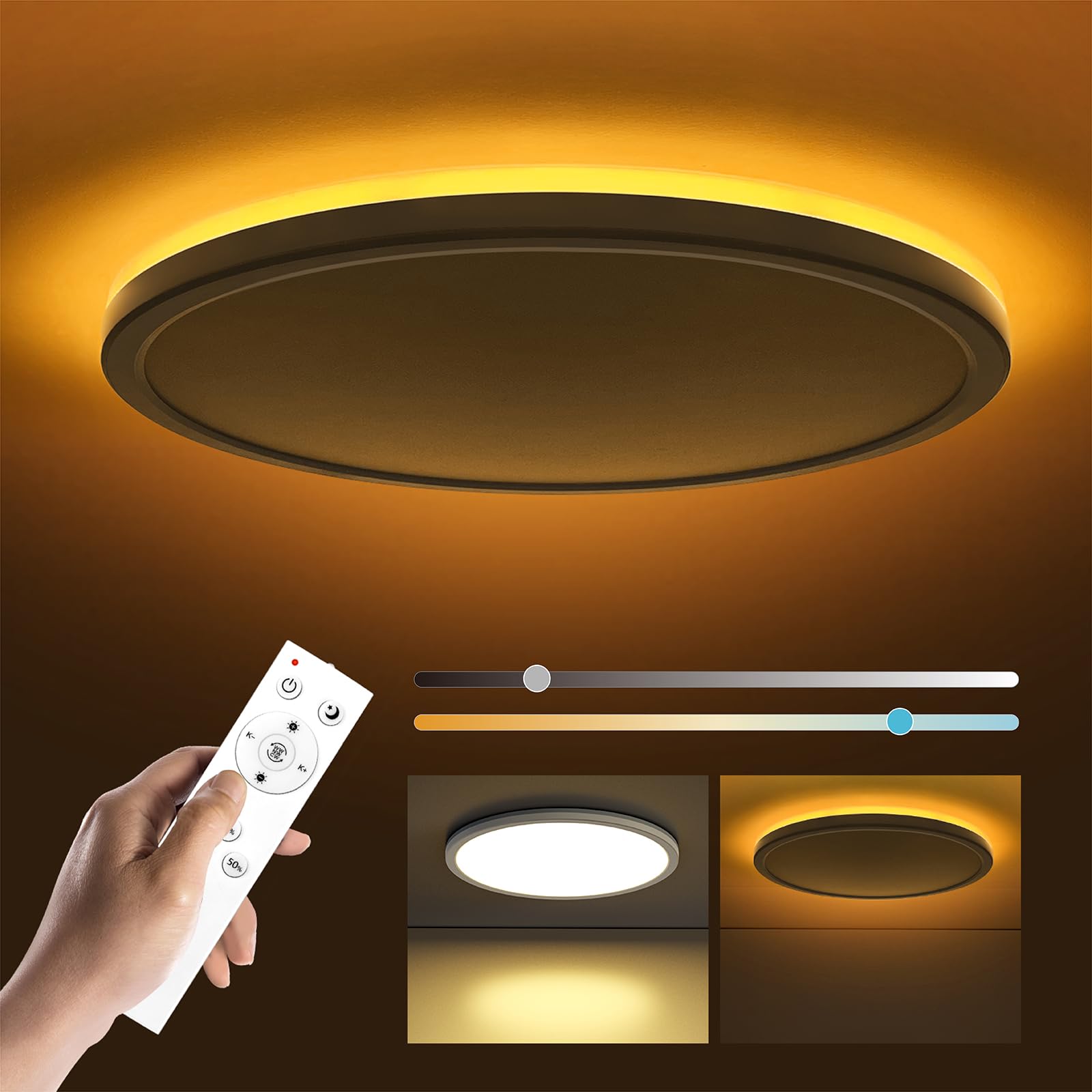 12in LED Flush Mount Ceiling Light with Remote Control - 2000K Warm to 6500K Adjustable Color Temperature, Ultra-Thin Design for Bedroom, Kitchen, Living Room - Perfect for Ambient Lighting and Nighttime Use
