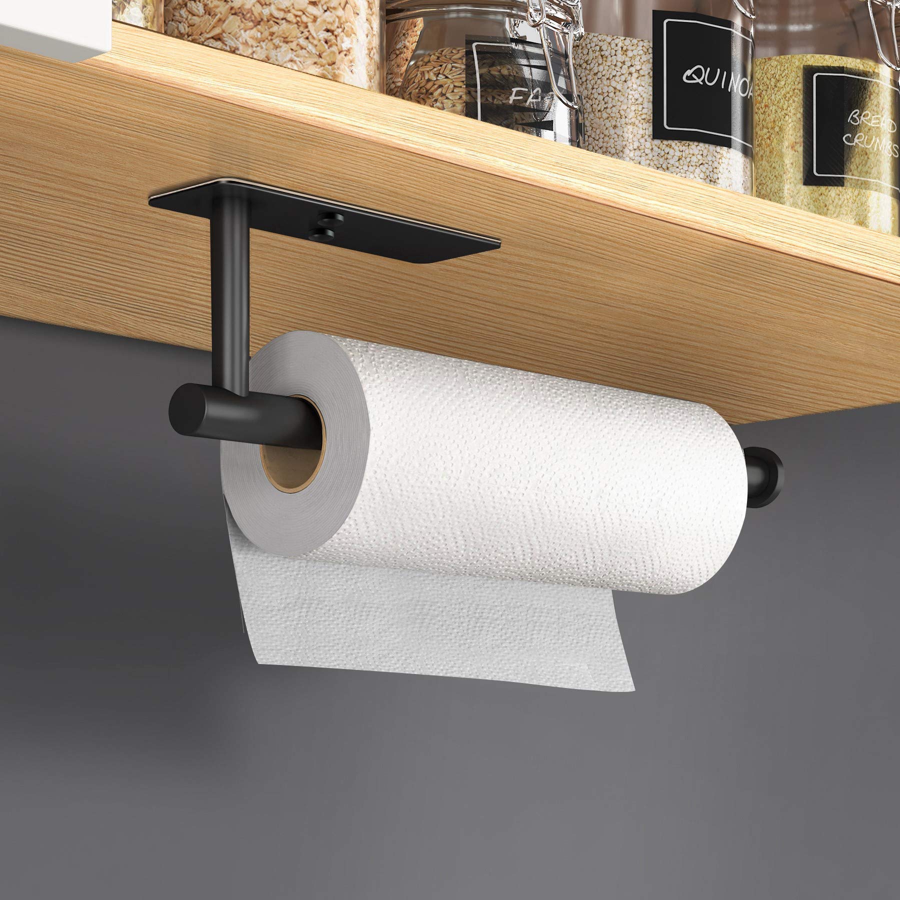 VAEHOLD Self-Adhesive Under Cabinet Paper Towel Holder - Wall Mount Stainless Steel Paper Towel Roll Rack for Kitchen & Bathroom - SUS304 Black | Space-Saving Solution for Small Kitchens & Compact Bathrooms