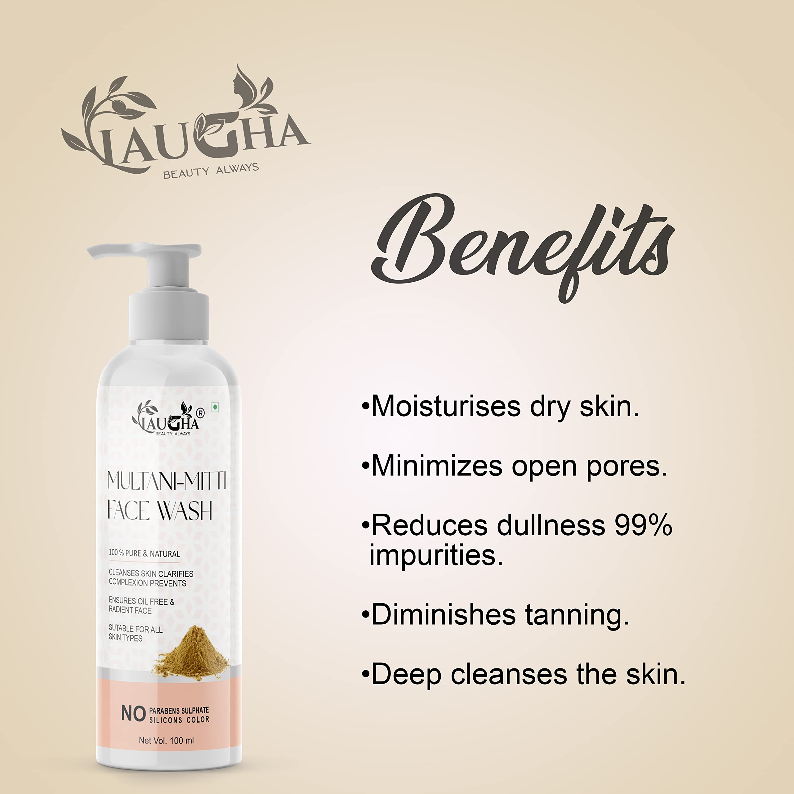Laugha Multani Mitti Face Wash for Oily Skin - Deep Cleansing, Acne Control & Oil Balancing (100ml) - Best for Daily Skincare Routine & Pimple Prevention