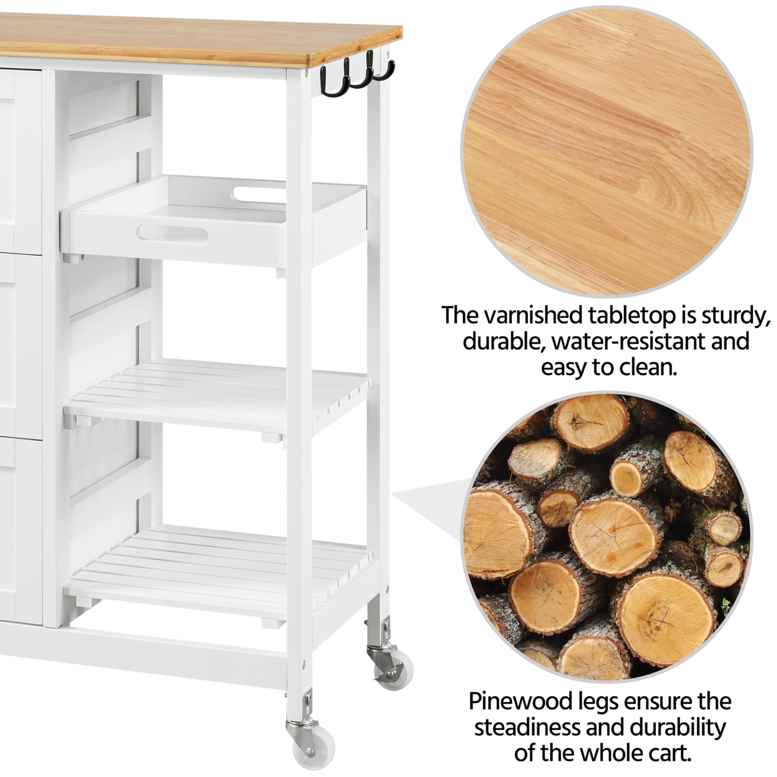 Yaheetech White Kitchen Island Cart with Bamboo Top - 3 Drawers & Shelves for Dining Room & Bar Storage