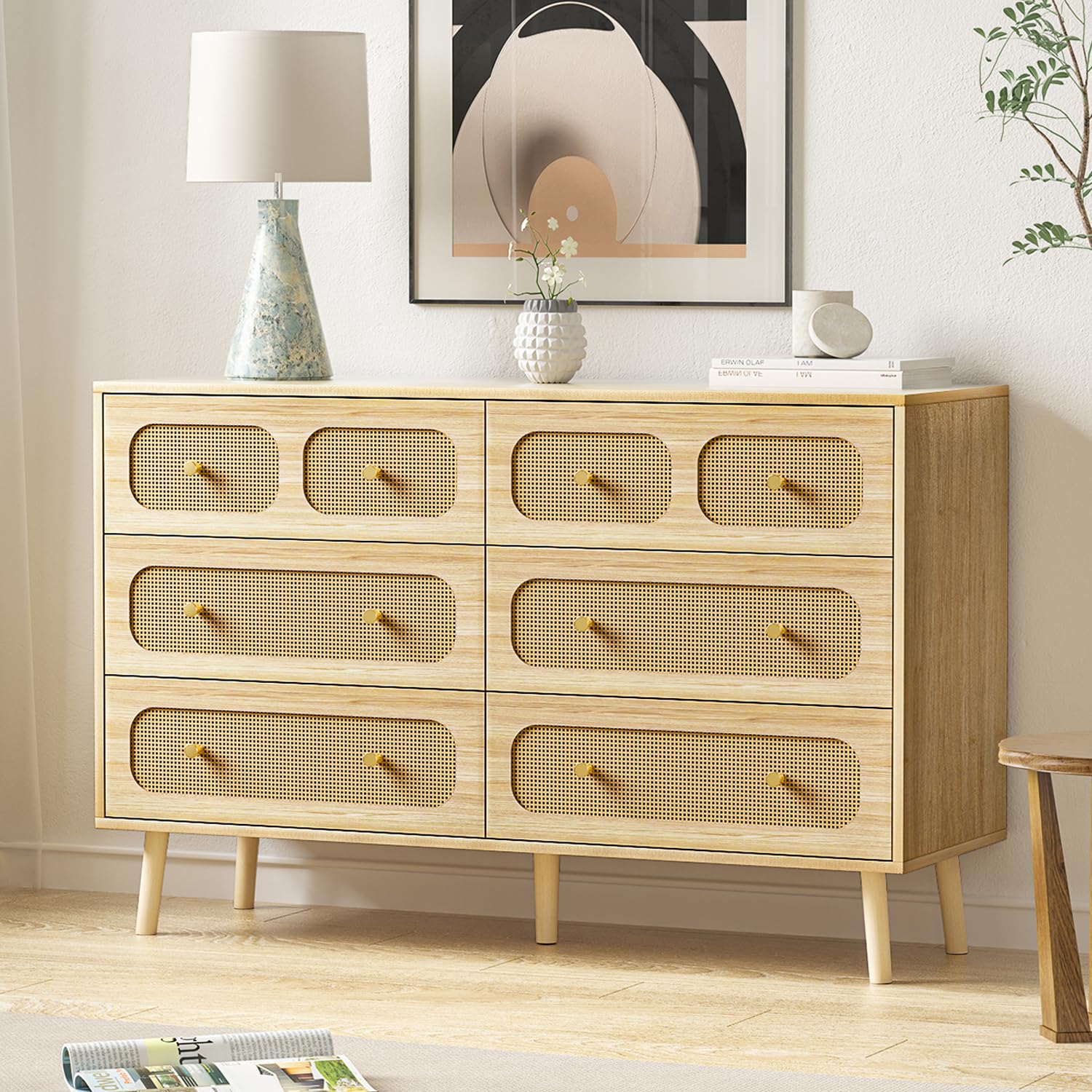 Modern Rattan Dresser for Bedroom - 6 Drawer Double Dresser with Gold Handles, Natural Wood Storage Chest - Perfect for Bedroom Organization & Home Decor