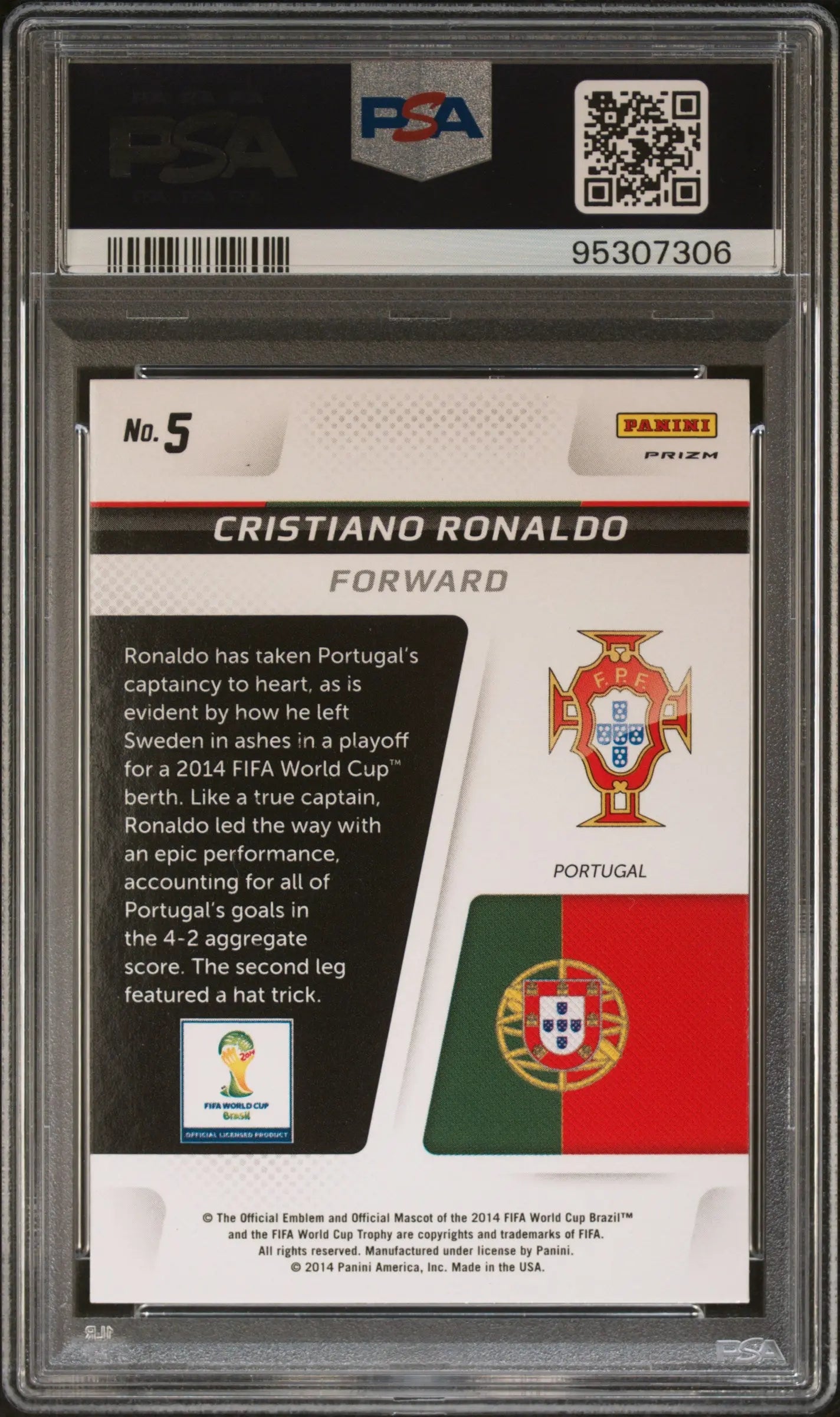 2014 Panini Prizm World Cup Captains Cristiano Ronaldo #5 PSA 10 Gem Mint Soccer Trading Card - Perfect for Collectors, Investors & Sports Memorabilia Displays