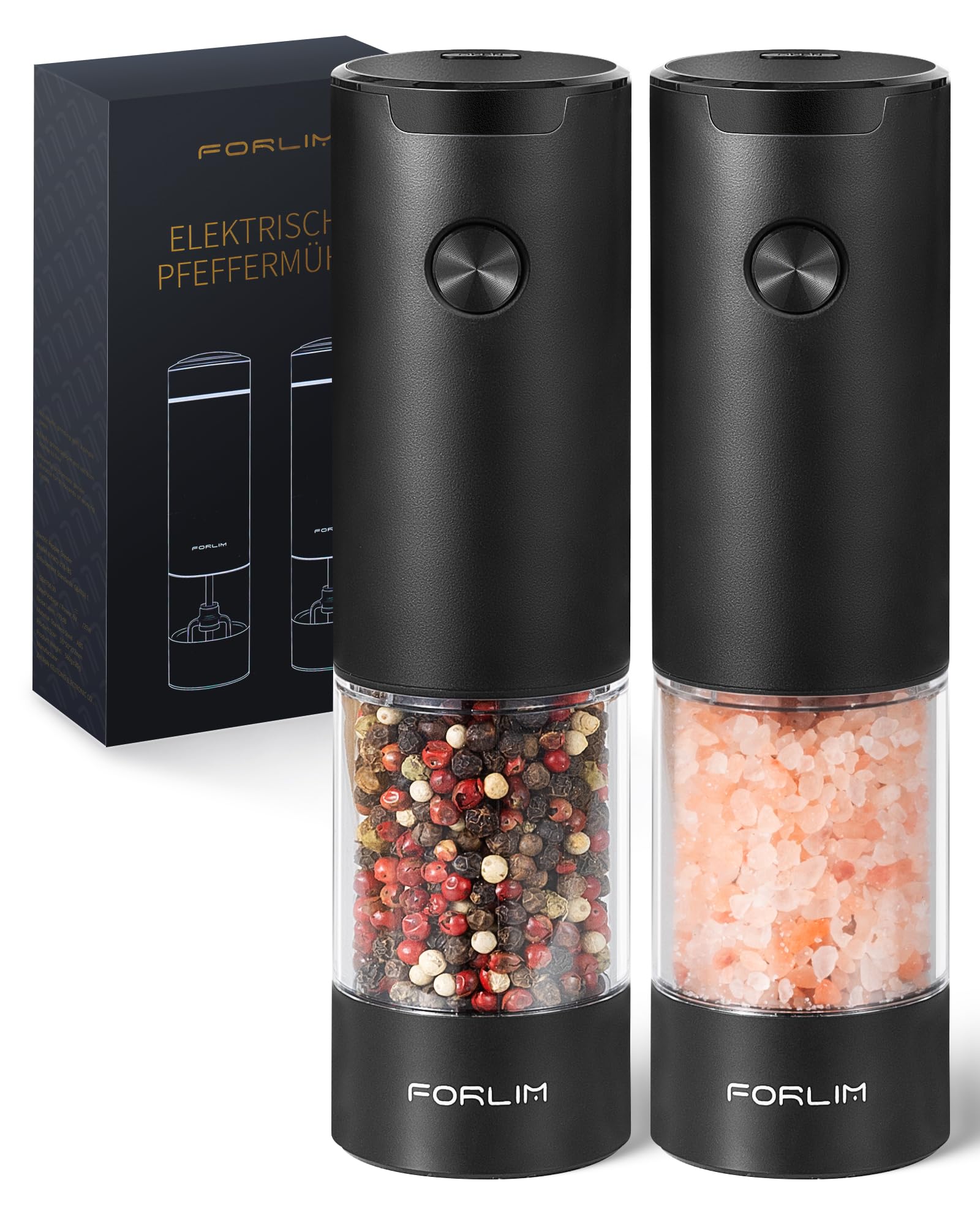 FORLIM Electric Pepper Grinder and Salt Grinder Set with LED Light - Battery Operated Spice Mill (95ml, Black) - Perfect for Kitchen, Dining Table & Outdoor Cooking