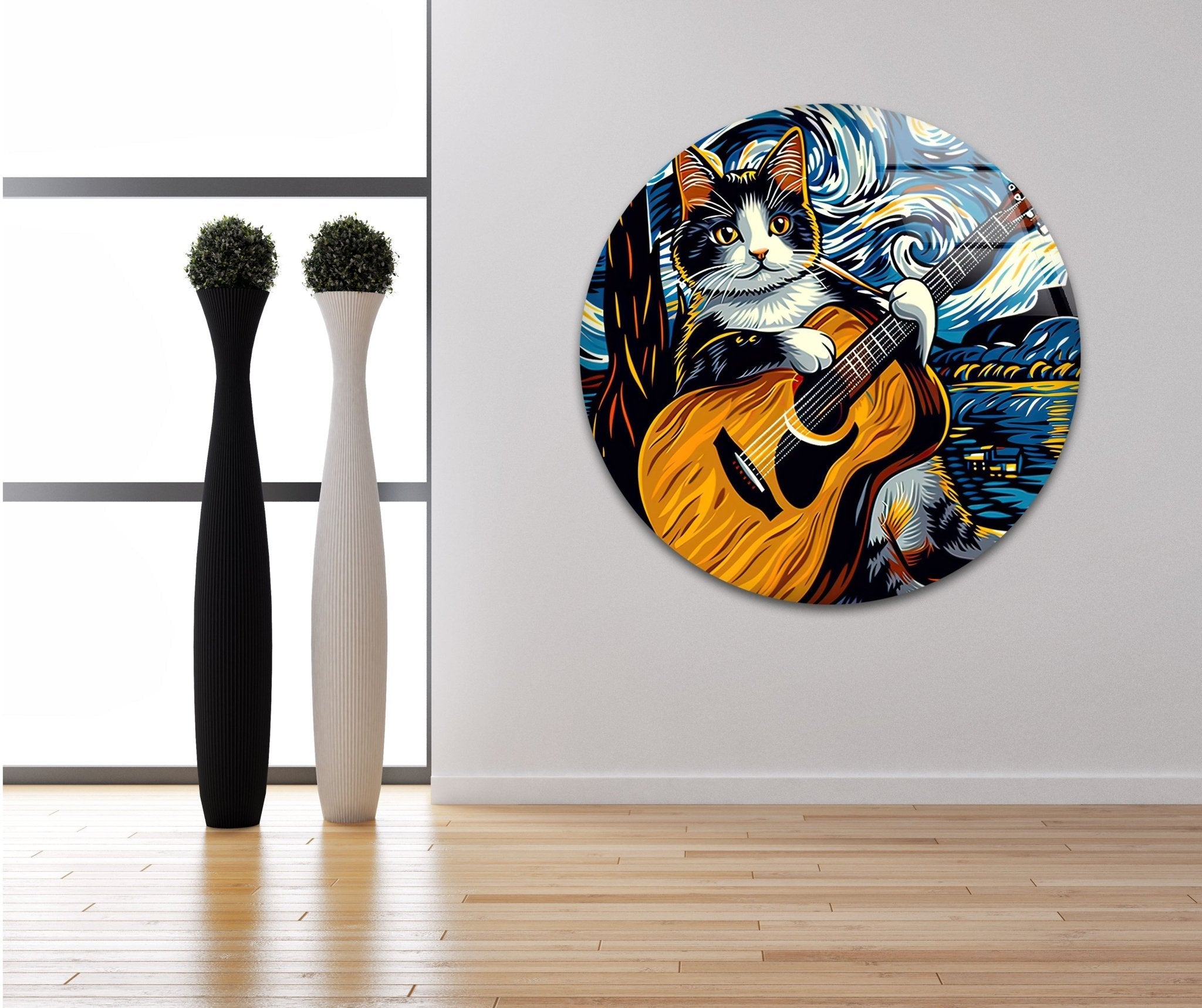 Adorable Cat Playing Guitar Glass Wall Art - Unique Home Decor for Living Room, Bedroom & Office - Perfect Gift for Cat Lovers