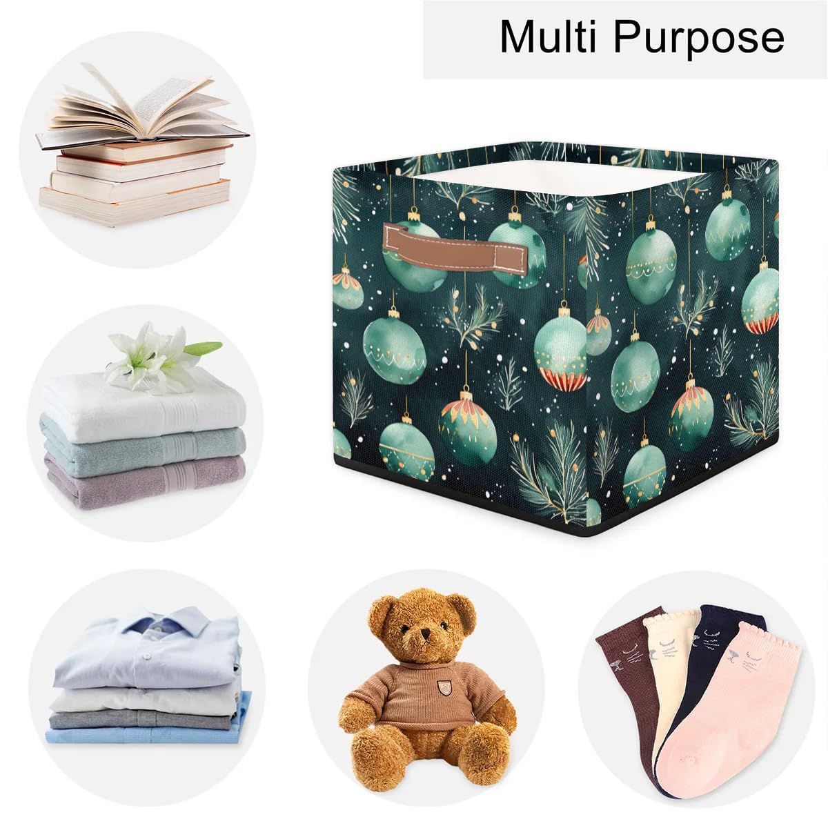 13 Inch Collapsible Storage Basket with Leather Handle - Green Holiday Charms Organizer Bin for Closet, Shelves & Home Decor | Perfect for Seasonal Decor, Bedroom Organization & Gift Wrapping Storage