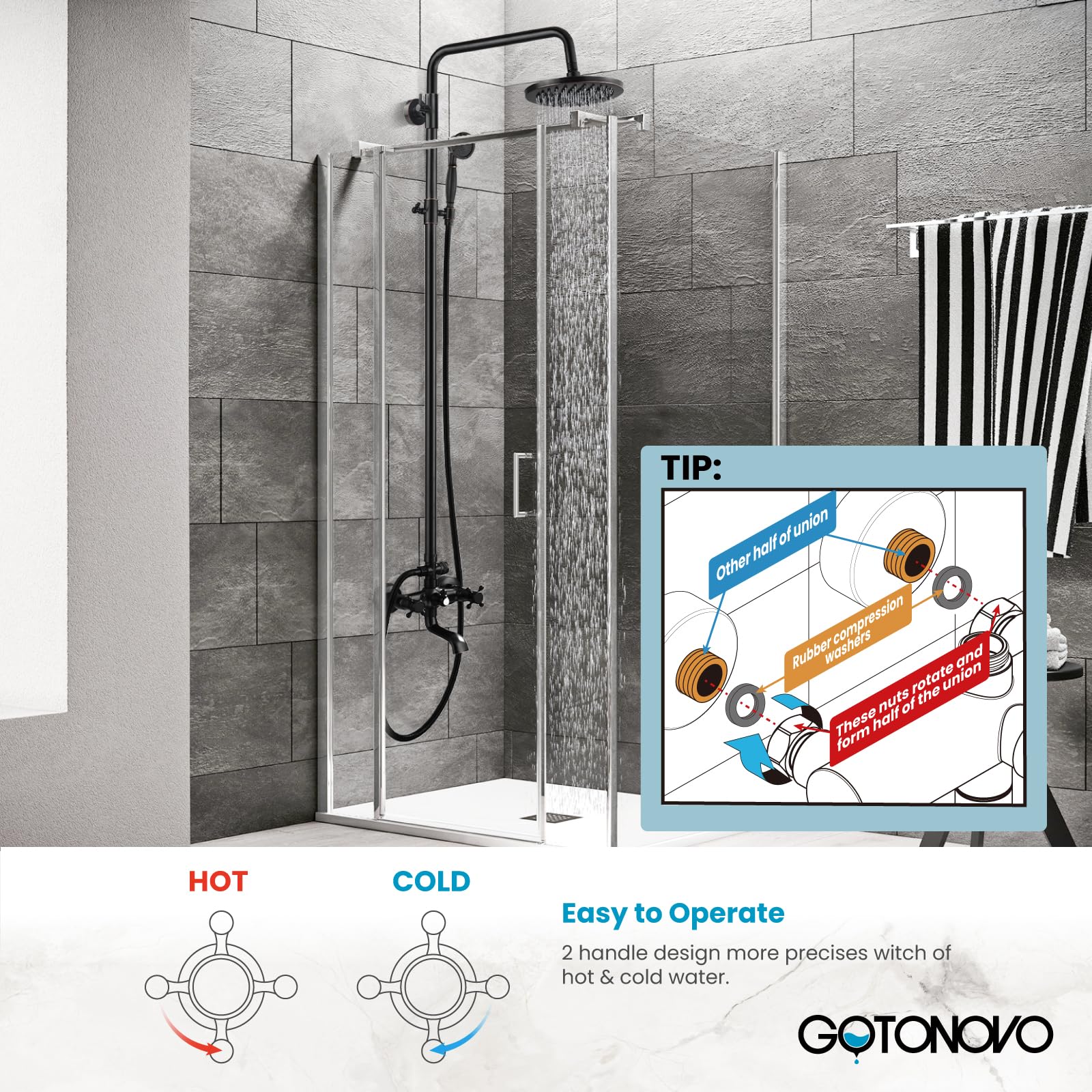 Gotonovo 8-Inch Wall Mounted Outdoor Shower System - Oil Rubbed Bronze Exposed Bathroom Faucet with Adjustable Handheld Sprayer, Double Cross Handles & Tub Spout (No Shelf) - Perfect for Patio, Poolside & Garden Showers
