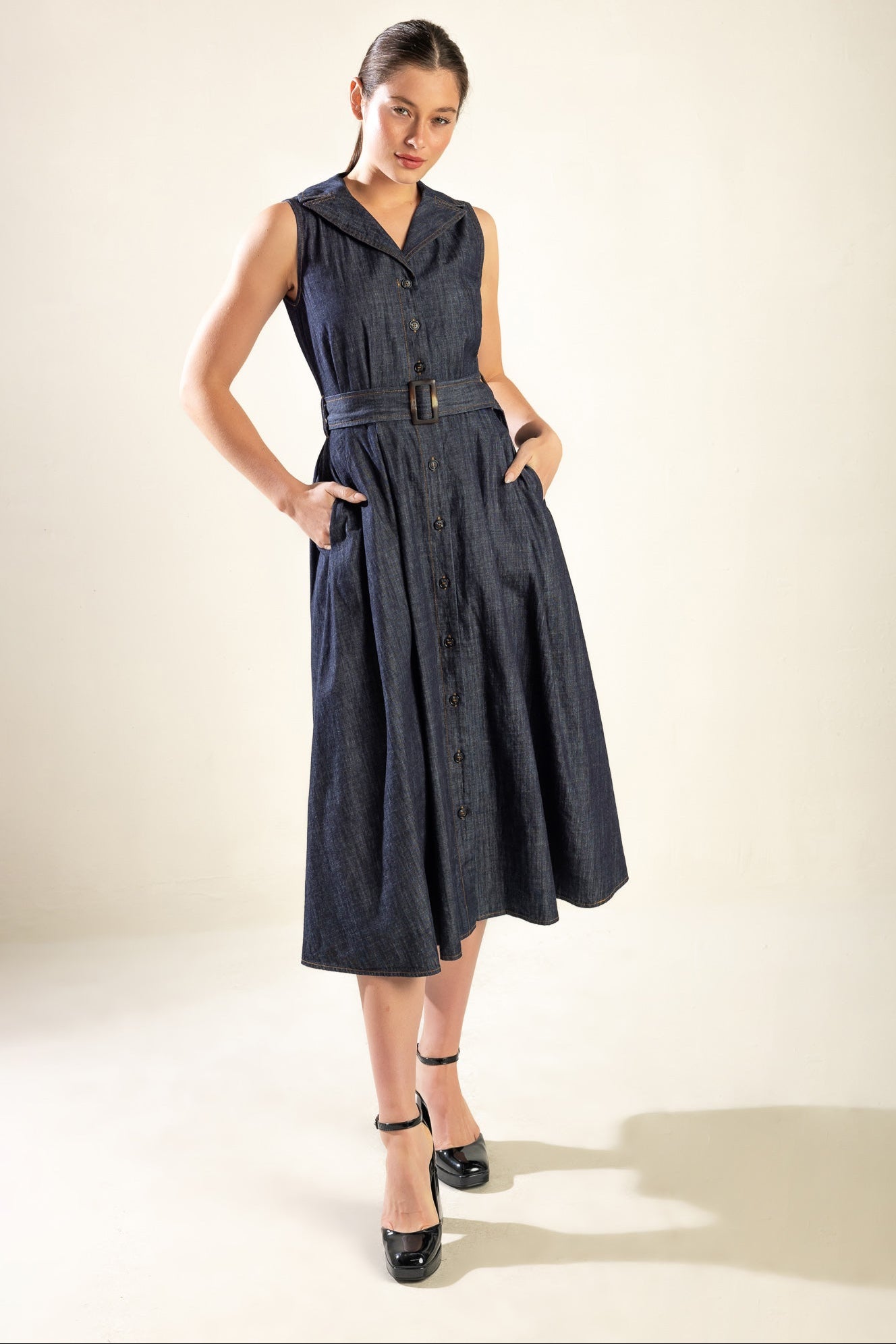 OASIS OF CALM Indigo A-Line Denim Midi Dress - Perfect for Casual Outings, Brunch Dates & Summer Fashion