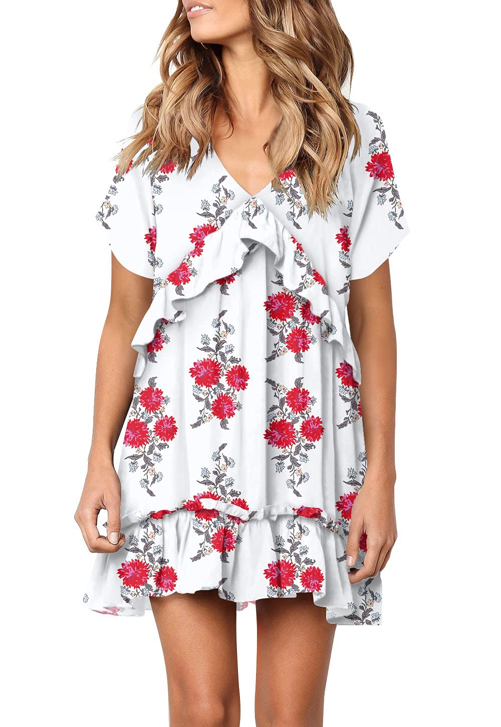 FOWSMON Women's Flowy Ruffle Dress - Short Sleeve V-Neck Loose Swing Dress with Floral Print | Perfect for Summer Outfits, Beach Vacations & Casual Date Nights
