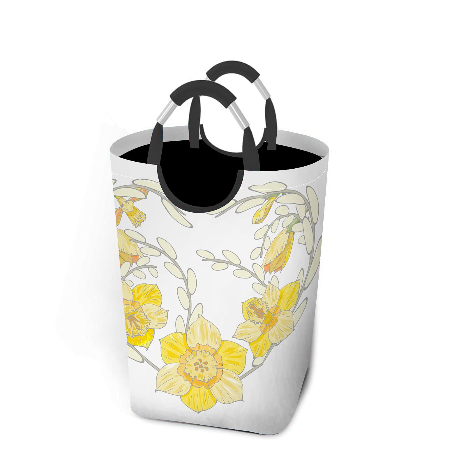 Beabes Heart Shaped Laundry Hamper - Foldable Washing Bin with Floral Daffodil Design, Aluminum Handle & Willow Branches - Romantic Yellow Storage Basket for Bathroom, Dorm, Closet (Square) | Perfect for Laundry Organization, Home Decor & Gift Giving