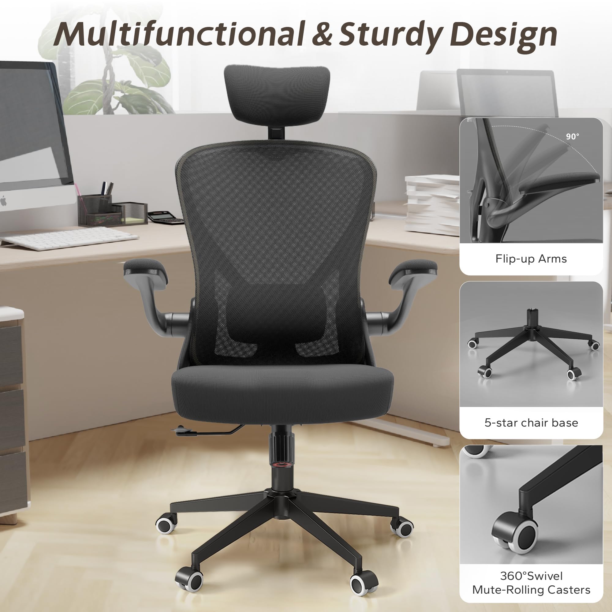Ergonomic Drafting Chair with Lumbar Support - Adjustable Height Office Chair for Standing Desk, Flip-Up Armrests & Footrest - Perfect for Home Office, Studio & Architects (Black)
