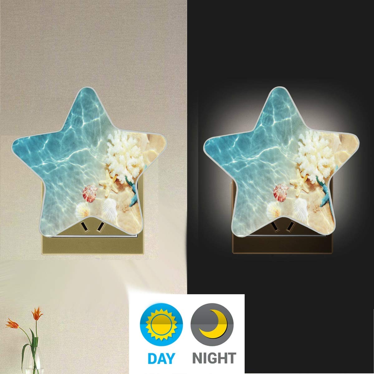 Starfish Seashell Coral Plug-in Night Light with Dusk to Dawn Sensor - Ocean Themed LED Night Lamp for Kids Room, Bedroom, Bathroom & Nursery - Perfect for Hallways, Staircases & Coastal Home Decor | Creates Soothing Ambiance for Bedtime, Nighttime Safety & Beach House Themes