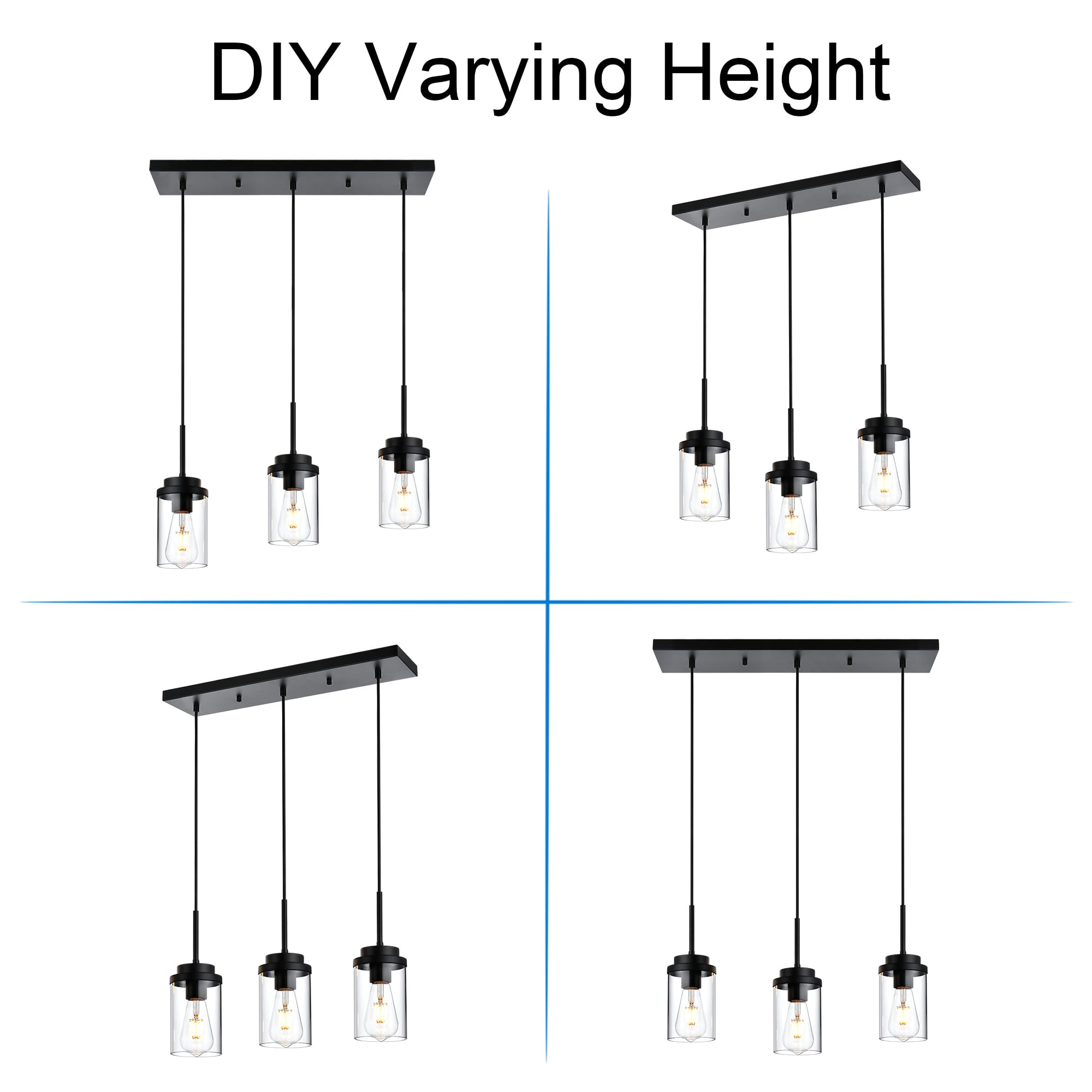 MELUCEE 3-Light Black Linear Chandelier - 20.5 Inch Modern Pendant Lighting for Kitchen Island, Dining Room, and Ceiling - Clear Glass Shade for Elegant Home Decor | Perfect for Contemporary Spaces and Open-Concept Living Areas