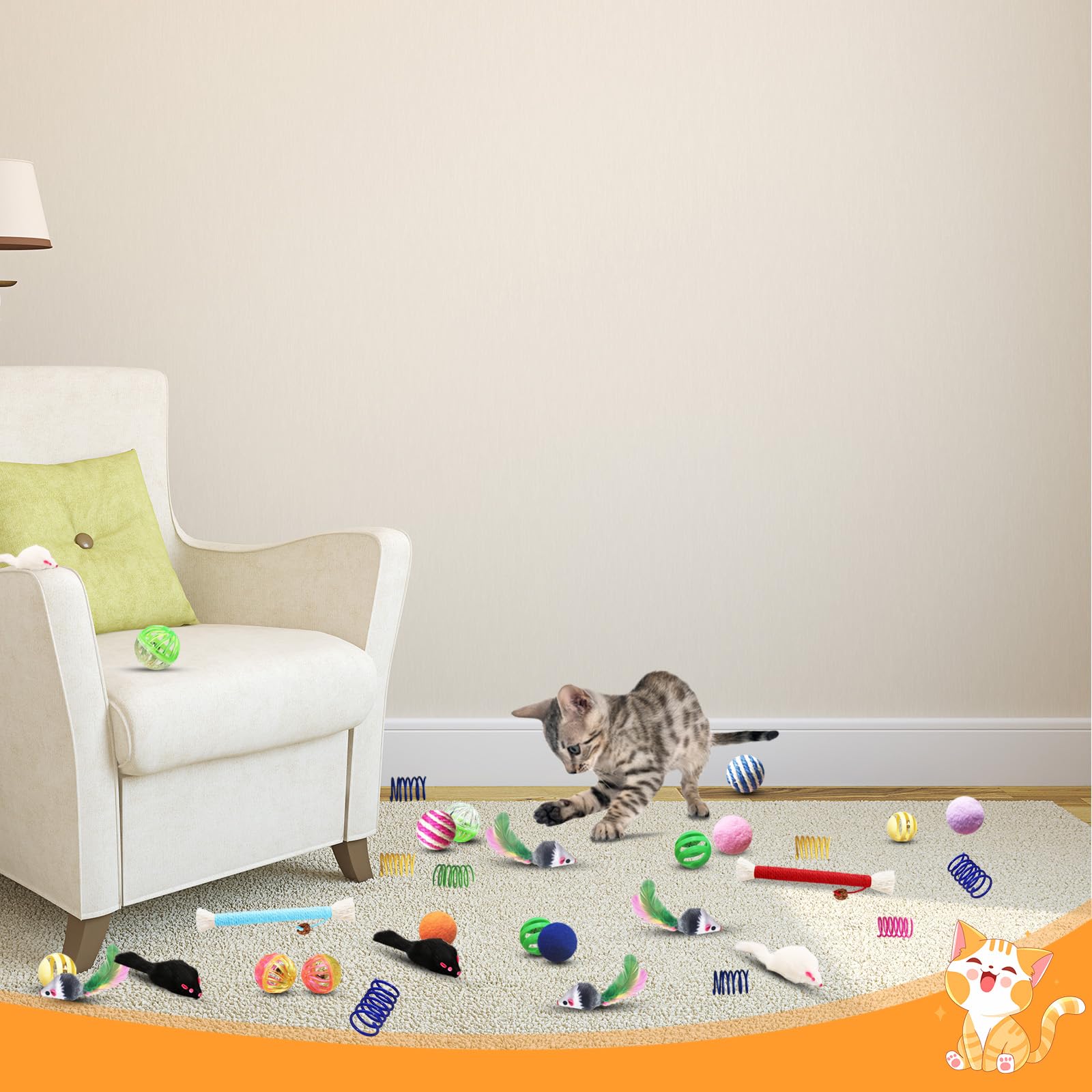 34 Pack Interactive Cat Toys for Indoor Cats - Spring Toys, Mouse, Catnip Ropes, Balls & Bells - Fun Playtime for Kittens & Adult Cats - Perfect for Exercise, Bonding & Stress Relief