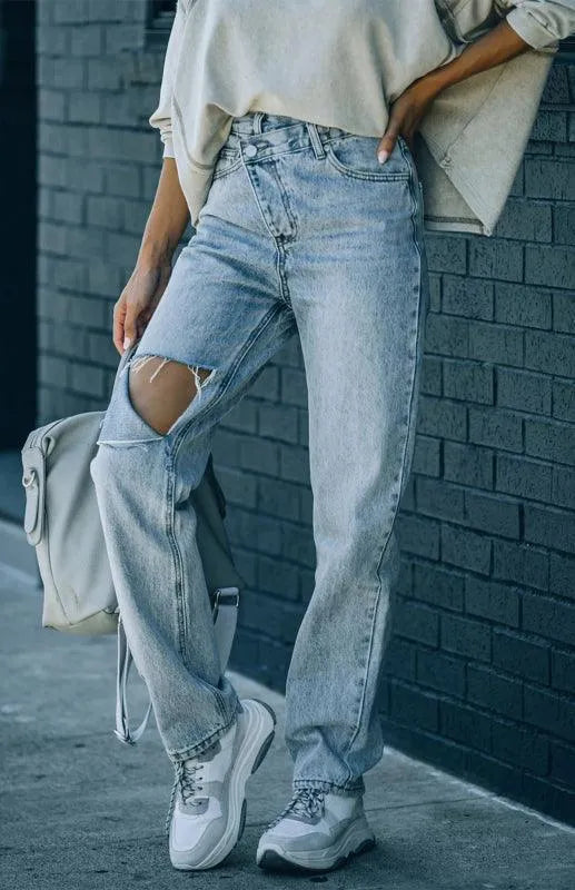 Trendy Women's Ripped Jeans with Irregular Waist - High Waist Distressed Denim Pants for Casual Outfits & Streetwear Fashion