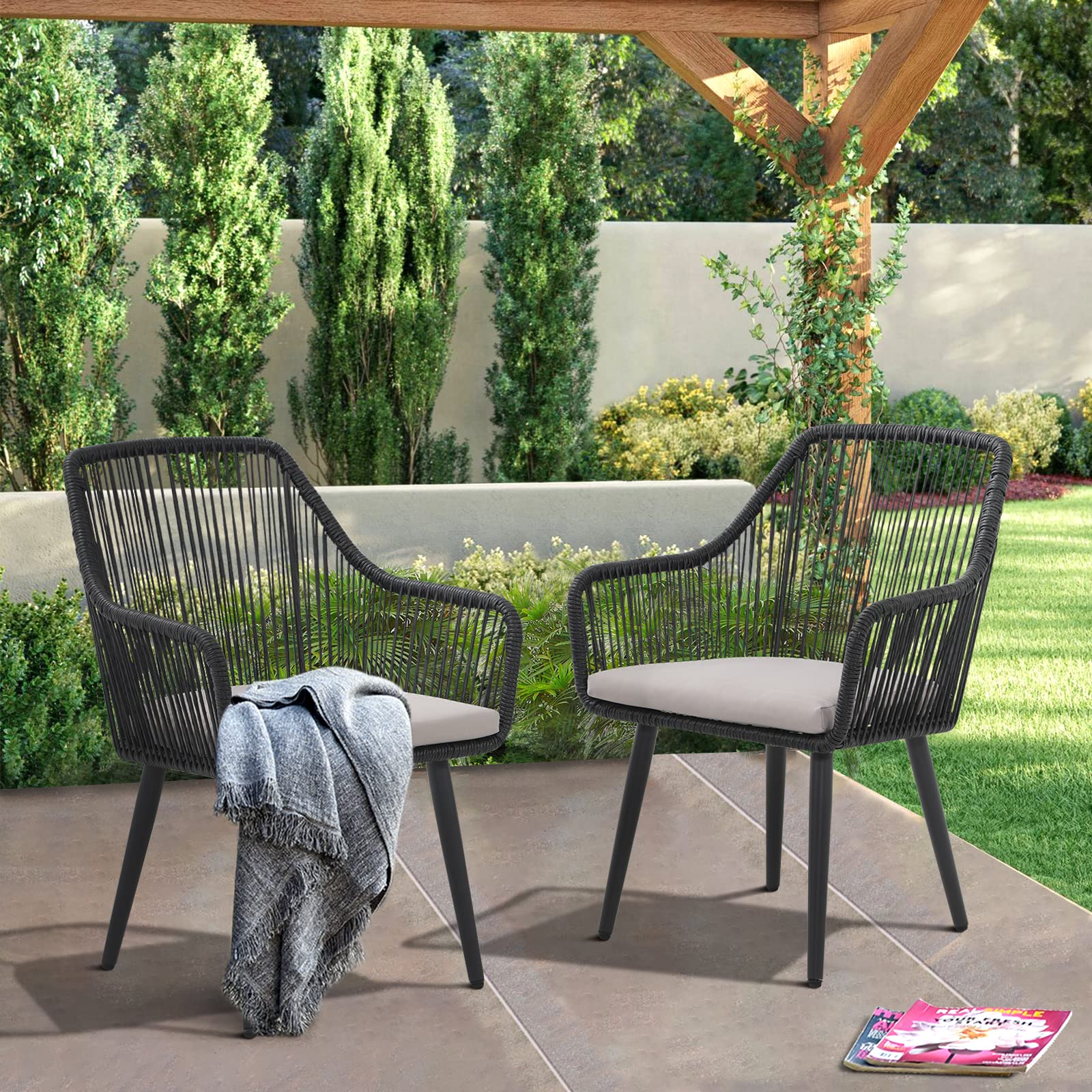 JOIVI 2-Piece Patio Dining Chairs Set - Outdoor Rattan Armchairs with Cushions for Garden, Backyard, Lawn - 350lb Weight Capacity Black Wicker Chairs for Indoor & Outdoor Use - Perfect for Dining, Lounging, and Entertaining Guests