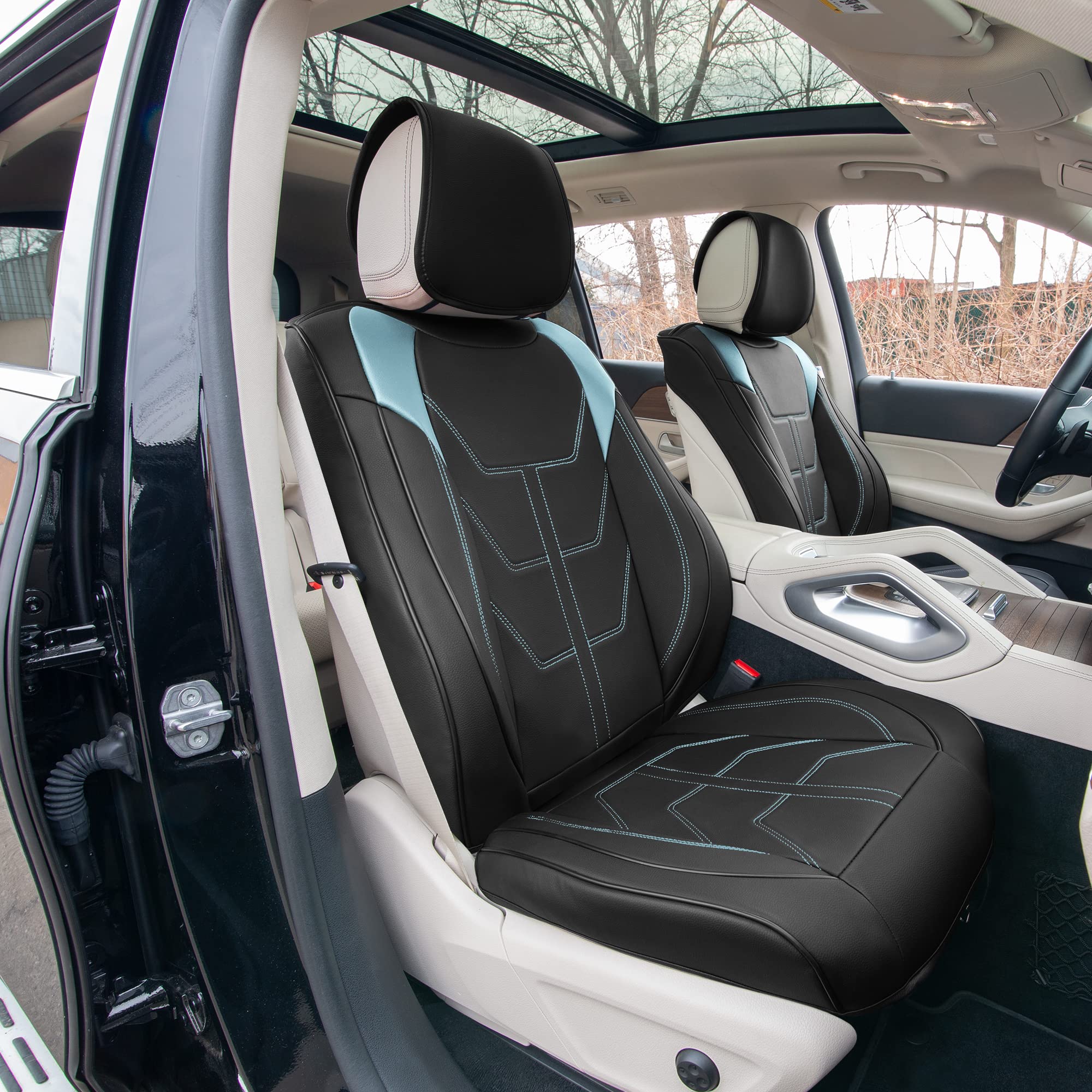 Premium TLH Bionic70 Deluxe Faux Leather Blue Car Seat Covers - 2-Pack Universal Fit Front Seat Covers for Cars, Trucks & SUVs | Waterproof Seat Protector with Contrast Stitching | Perfect for Daily Commute, Road Trips & Family Travel