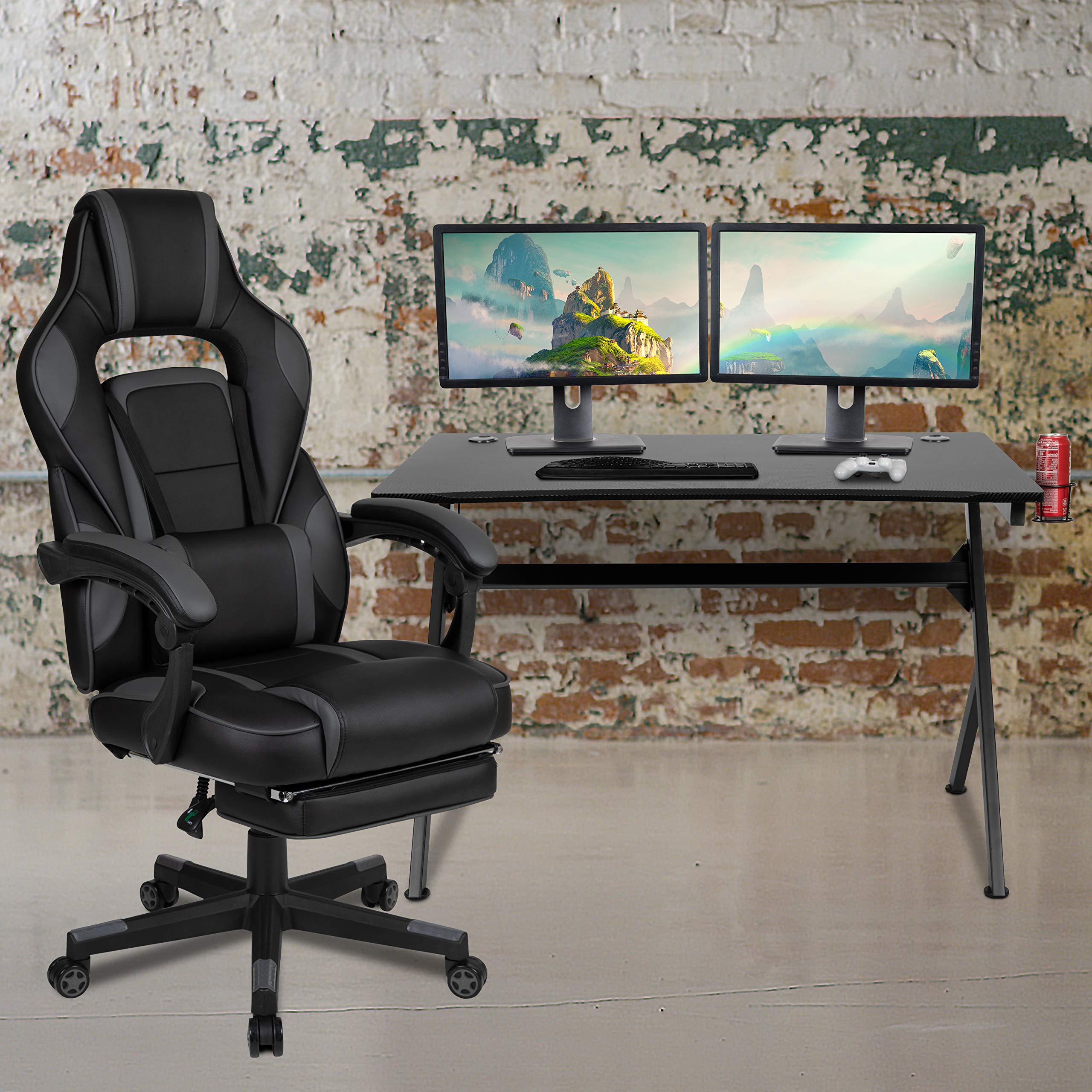 Premium Black Gaming Desk with Cup Holder, Headphone Hook & Cable Management Holes - Ergonomic Gaming Chair with Adjustable Backrest, Armrests & Footrest for Ultimate Comfort - Perfect for PC Gaming Setups, Streaming Studios & Home Offices