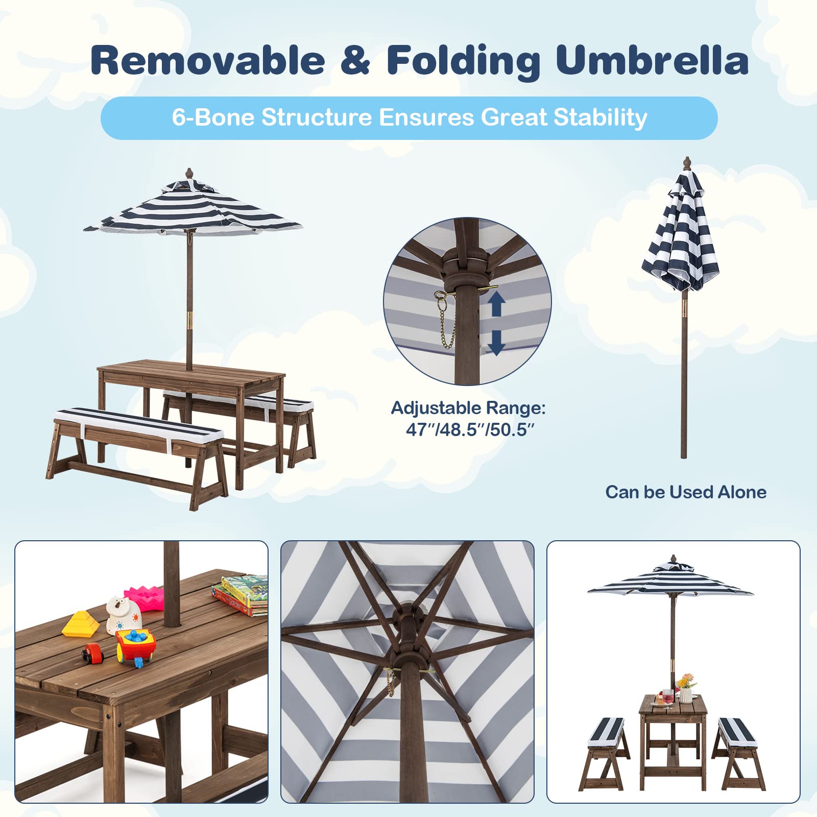 DORTALA Kids Picnic Table with Umbrella & Cushions - Wooden Outdoor Toddler Table and Bench Set for Ages 3-8, Blue - Perfect for Backyard Playdates, Birthday Parties & Outdoor Activities