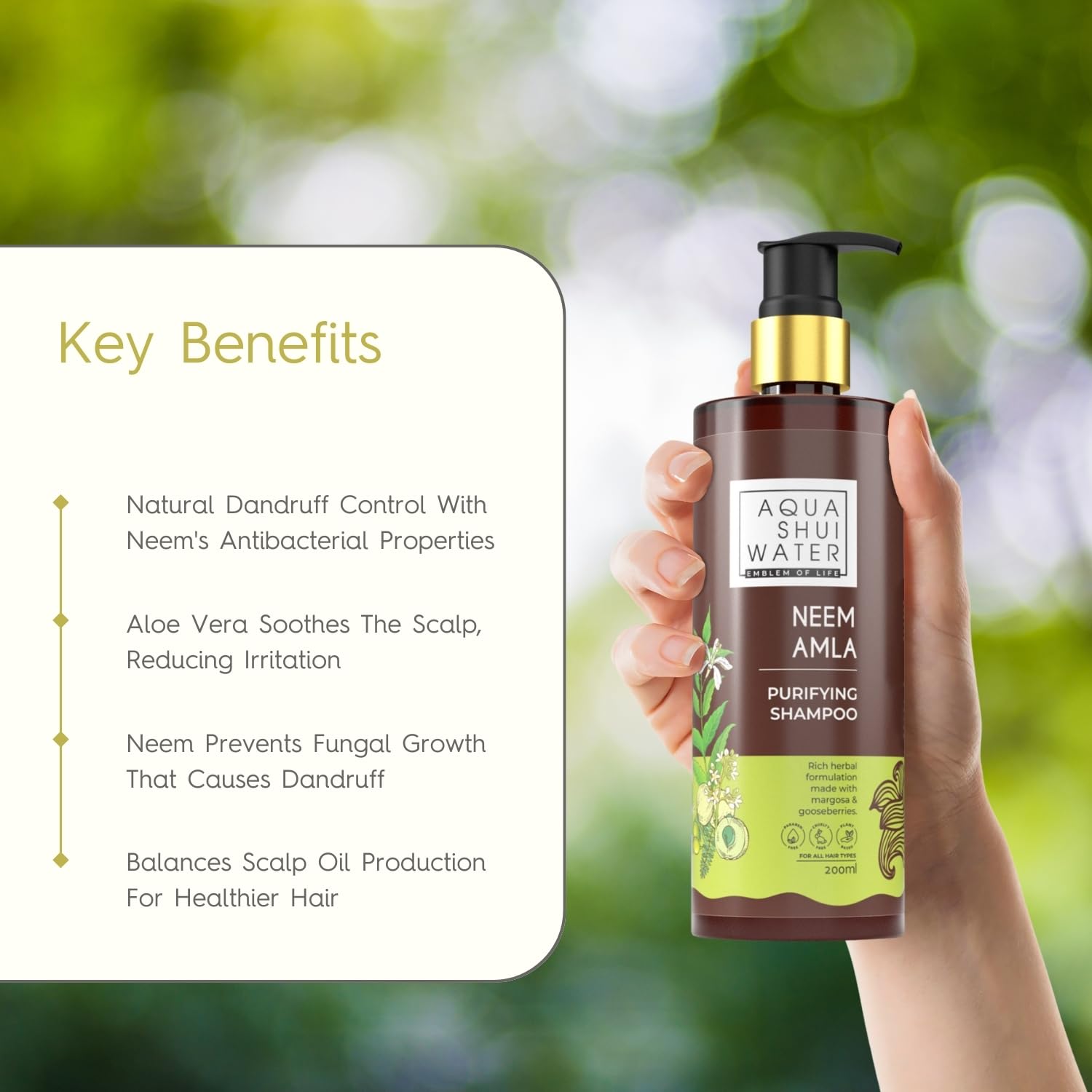 Aqua Shui Water Hair Purifying Shampoo & Cleanser - Paraben & Sulfate Free with Neem & Amla Infusion | Controls Hair Fall & Promotes Healthy Scalp | For All Hair Types | 200ml | Daily Use for Soft, Shiny Hair & Scalp Care