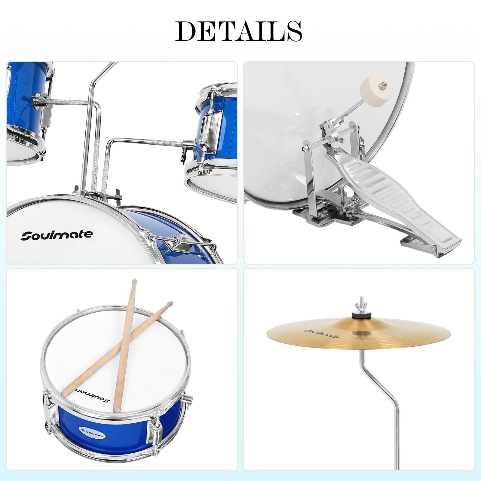 Soulmate Kids Drum Set 3-Piece 14 Inch Beginner Drum Kit with Adjustable Throne, Cymbal, Pedal, 8