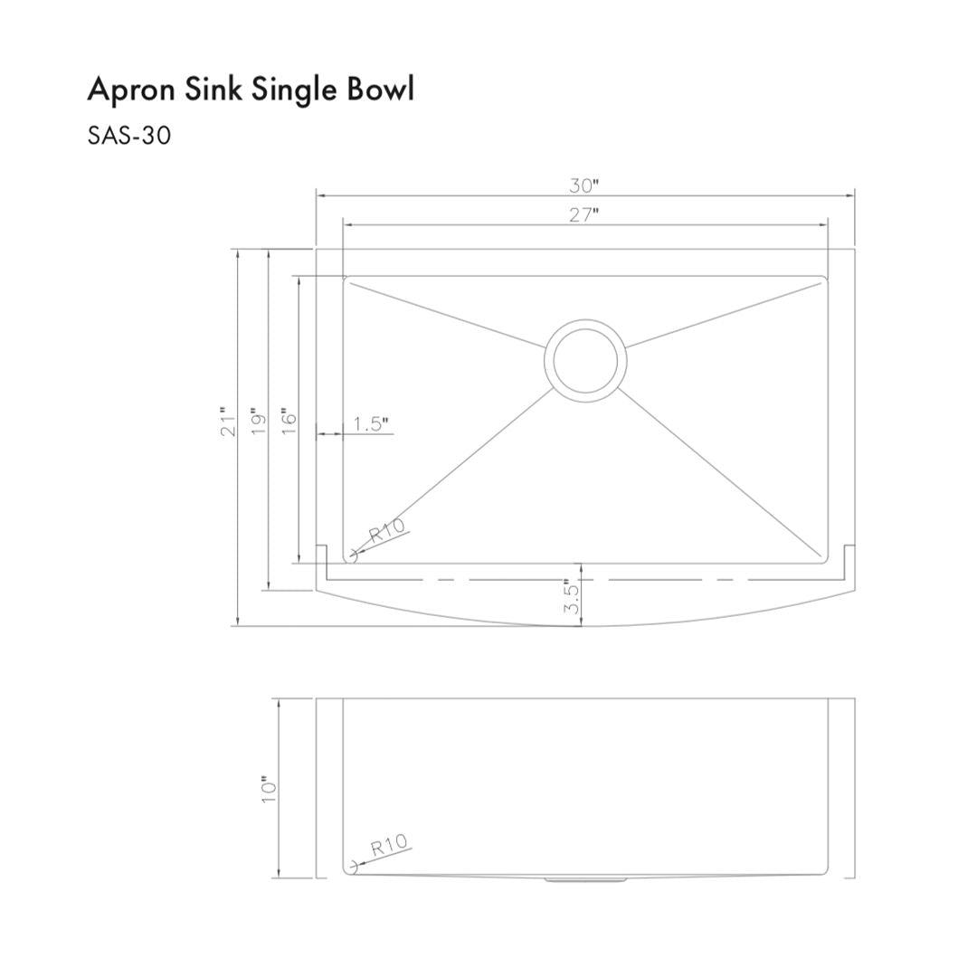 ZLINE Zermatt 30-inch Farmhouse Apron Front Stainless Steel Single Bowl Kitchen Sink with Bottom Grid (SAS 30) - Perfect for Rustic & Modern Farmhouse Kitchens, DIY Installations & Heavy-Duty Cooking