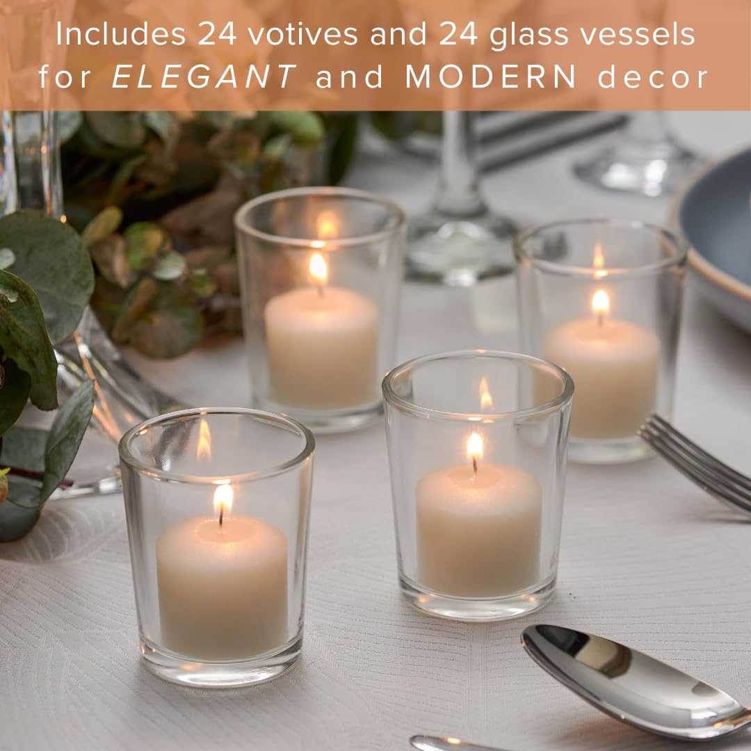 Simply Soson Bulk Votive Candles - 24 Ivory Unscented Candles with Glass Holders, 10-Hour Burn Time - Perfect for Weddings, Birthdays, Holidays & Home Decor - Create Cozy Ambiance for Dining, Relaxation & Romantic Settings