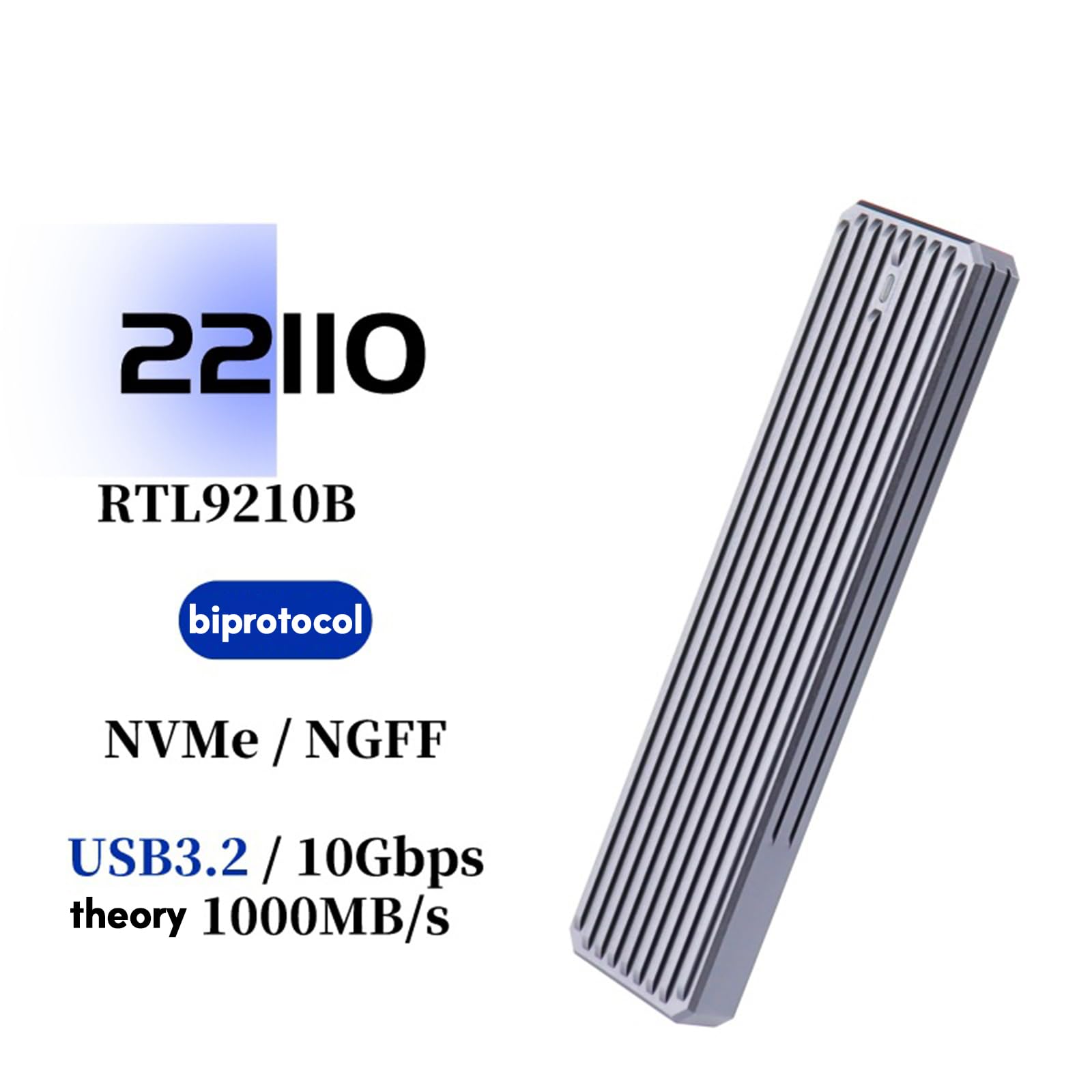 Premium Aluminum Alloy NVMe SSD Enclosure - RTL9210B Chip 10Gbps USB 3.2 Gen2 for 2230/2242/2260/2280/22110 M.2 NVMe SSDs | Portable External Hard Drive Case for Laptop, Desktop & Gaming PC | Fast Data Transfer & Backup Solution
