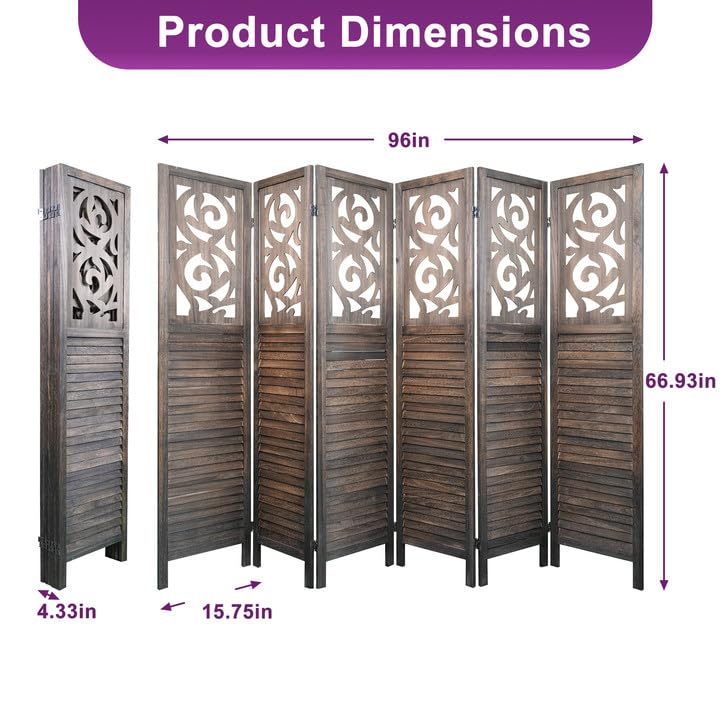 5.6FT Folding Wood Room Divider Panel - 6 Panel Rustic Brown Partition Screen for Bedroom, Office & Living Room Separation - Handcrafted Wooden Room Divider for Privacy & Home Decor