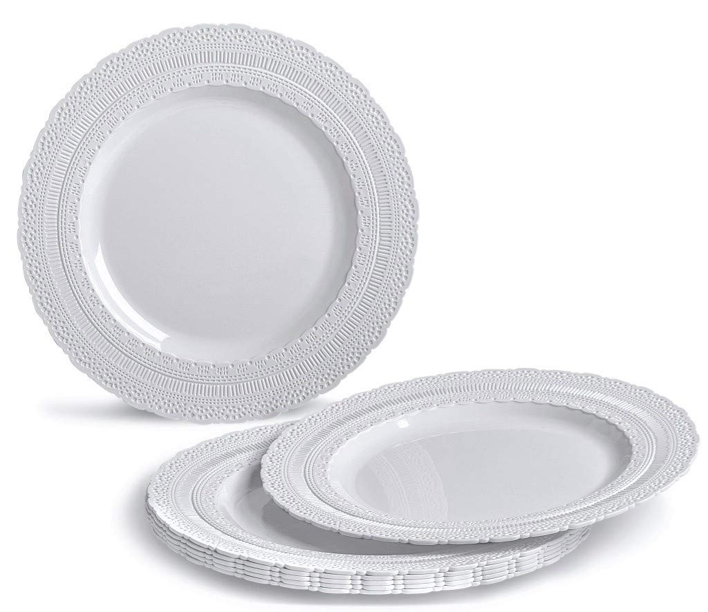 360-Piece Heavyweight Vintage Disposable Plastic Plate Set with Silverware (60 Guest) - Elegant Light Gray Chateau Design & Double Silver Forks for Weddings, Parties, and Special Events