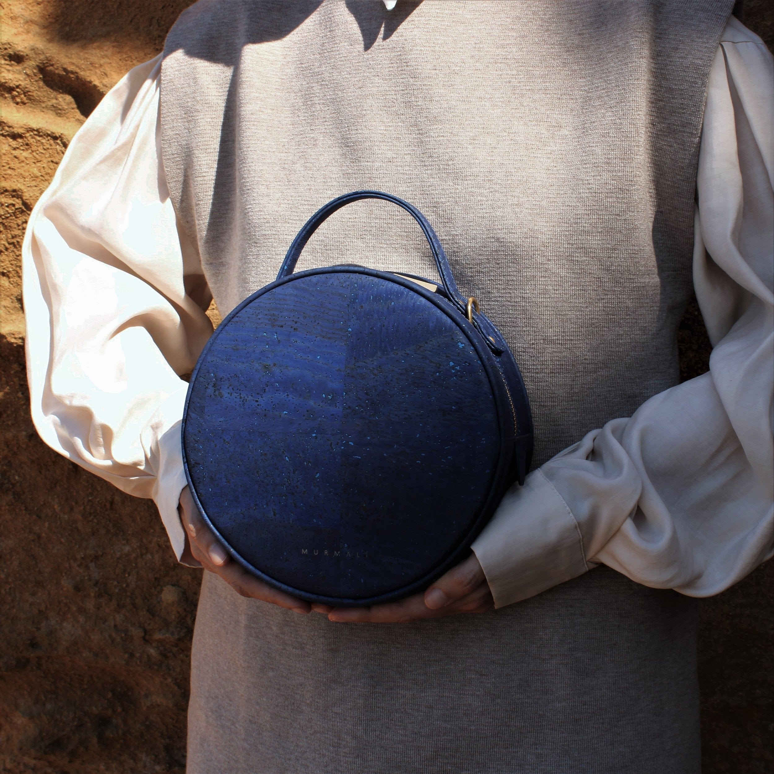 Handmade Vegan Cork Round Shoulder Bag for Women - Navy Blue | Eco-Friendly Fashion Accessory for Work, Travel & Everyday Use