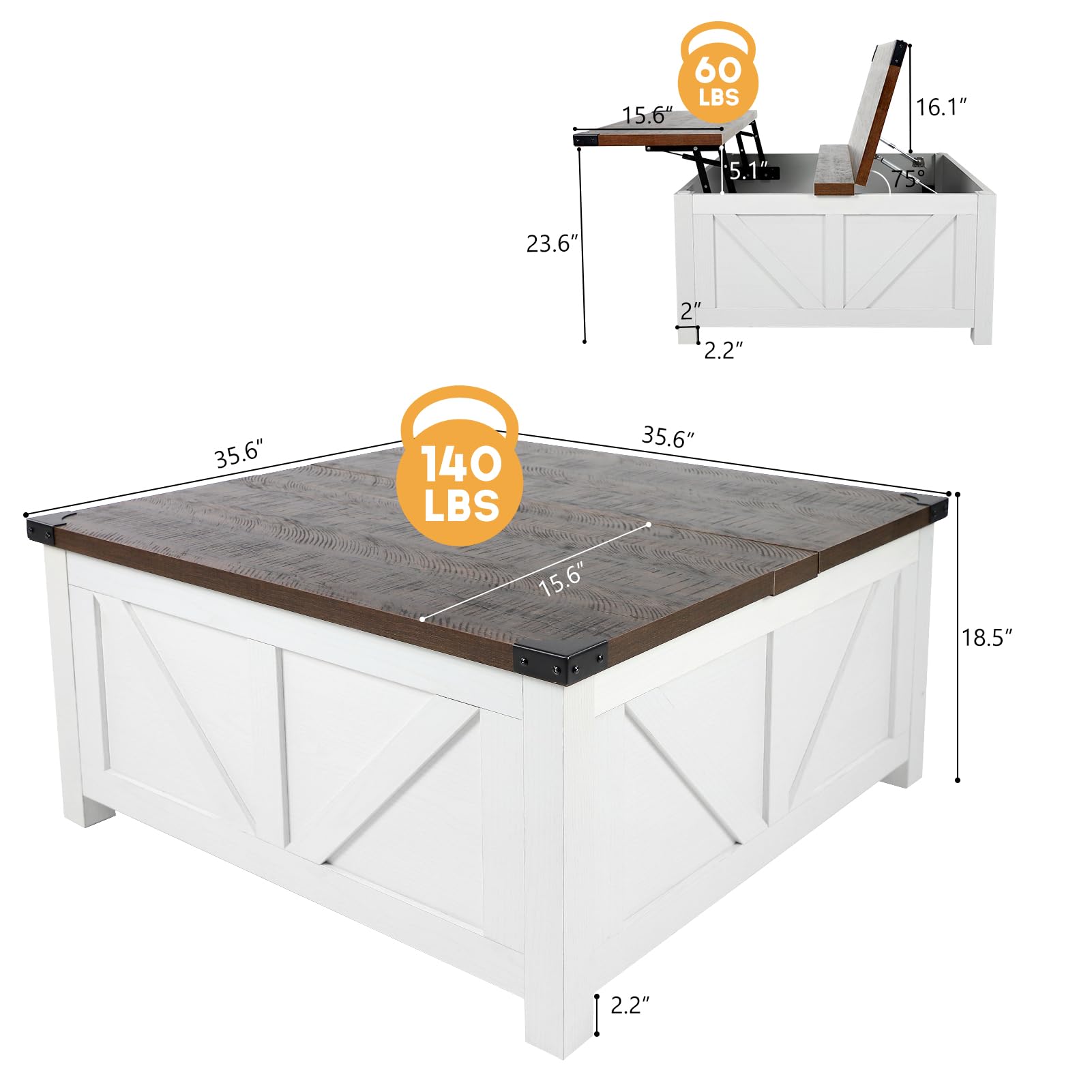 Farmhouse Lift Top Coffee Table with Storage - Wood Square Center Table with Charging Station & USB Ports - Large Hidden Compartment - Perfect for Living Room, Bedroom, Home Office - Ideal for Entertaining, Remote Work & Small Space Storage