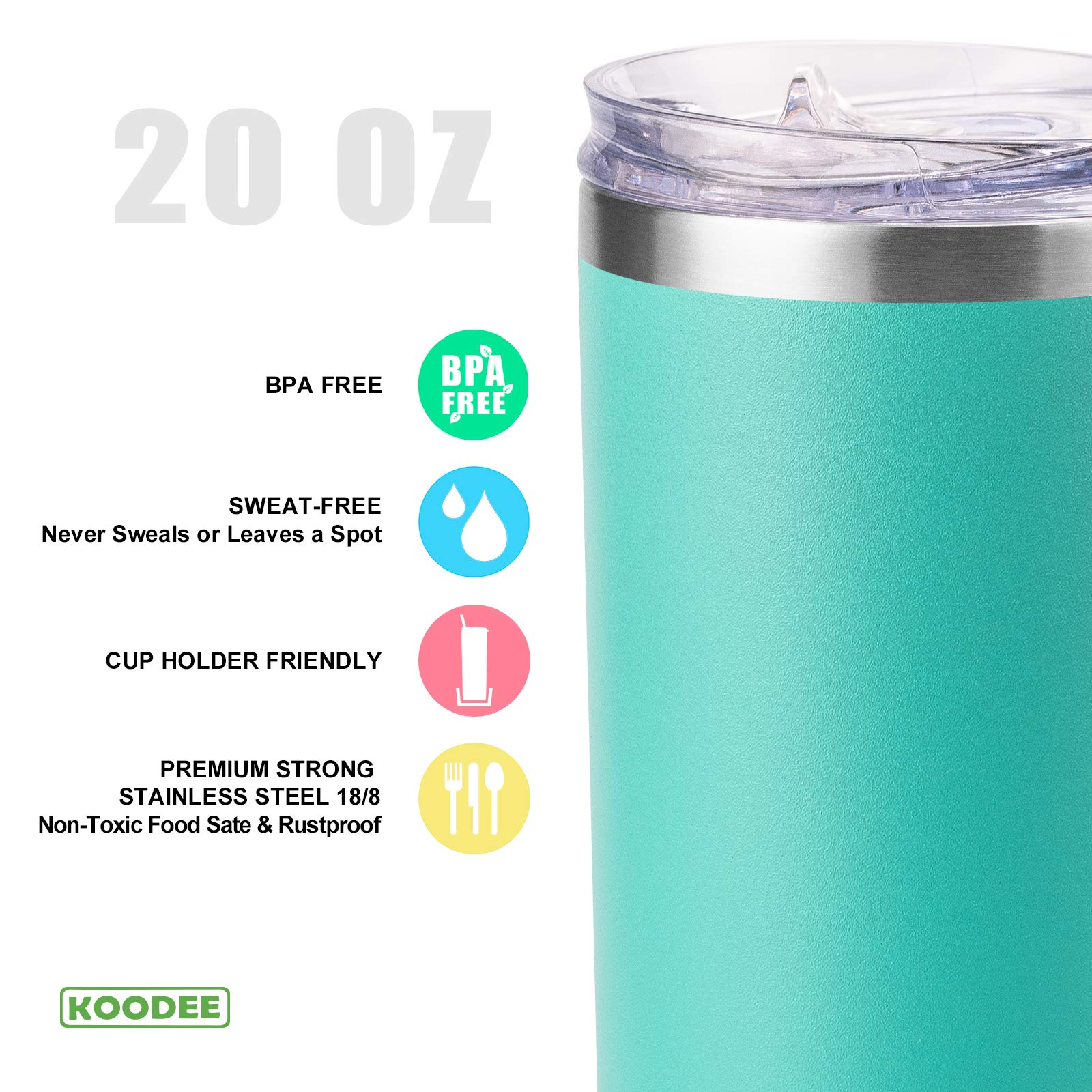 **KOODEE 20 oz Stainless Steel Skinny Tumbler (4 Pack) – Double Wall Insulated Water Cup with Lids, Straws & Brush – Teal & Pink (2 Each) – Perfect for Gym, Office & Travel**