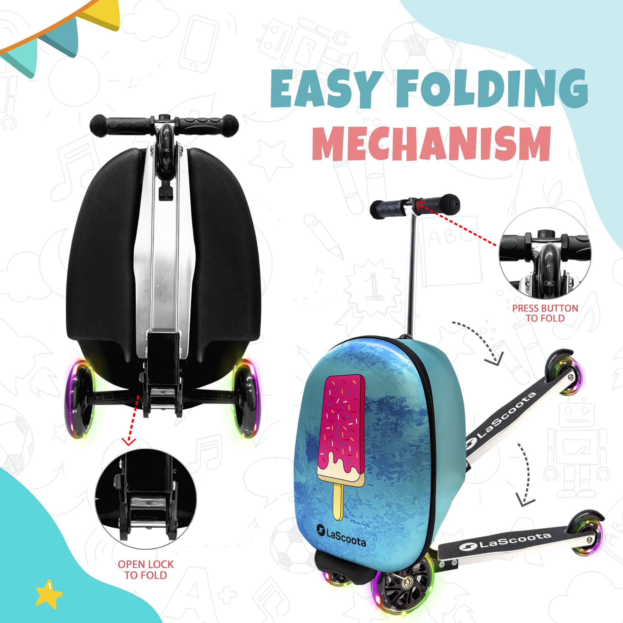 Lascoota Foldable Scooter Suitcase for Kids Ages 2-5 - Lightweight Ride-On Luggage with LED Wheels & Astronaut Design - Perfect for Air Travel, Road Trips & Playtime Adventures