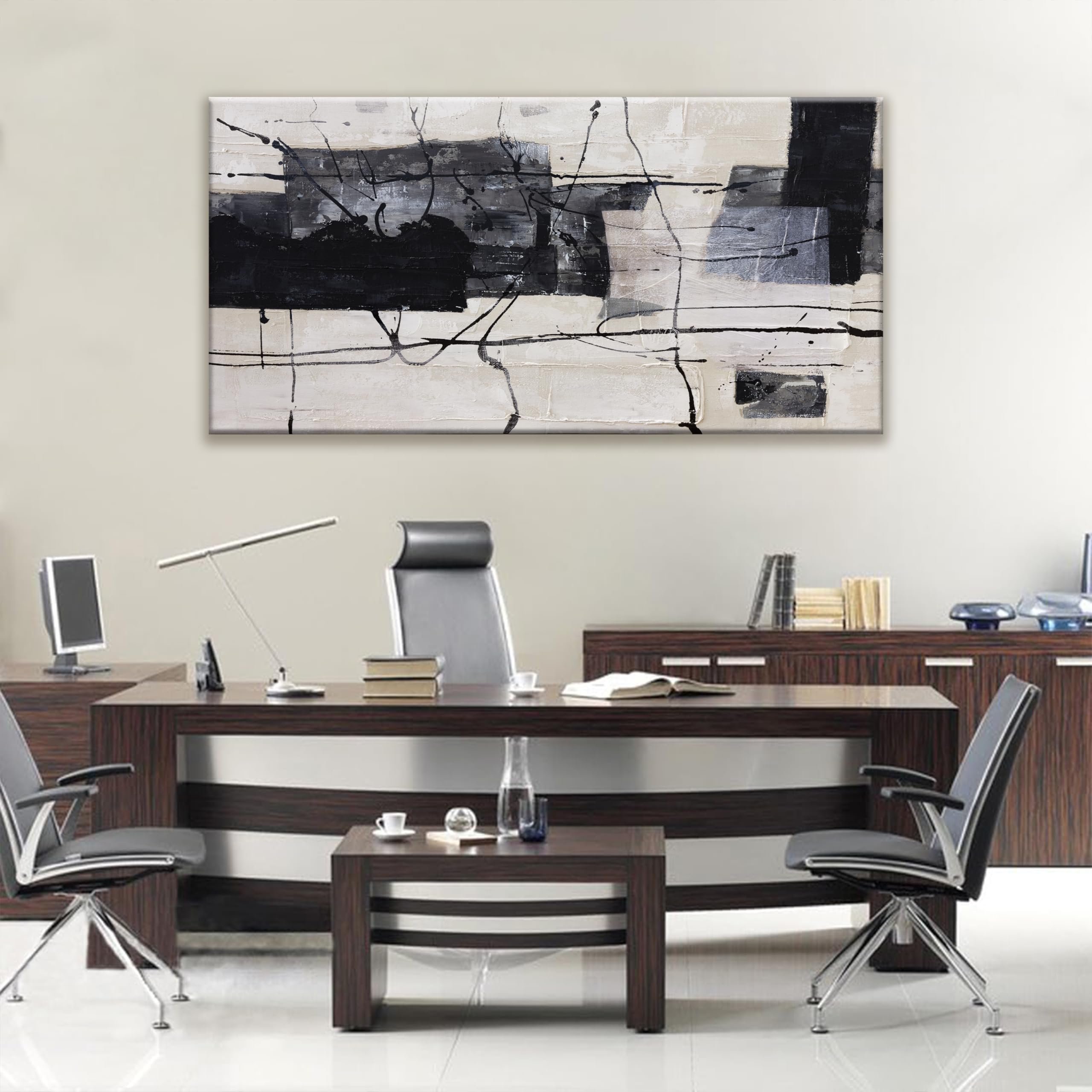 Large Abstract Wall Art Canvas Painting - Black & White Modern Home Decor for Living Room, Bedroom, Dining Room - 29x58 Inch Framed Wall Decor - Perfect for Contemporary Spaces & Office Wall Art