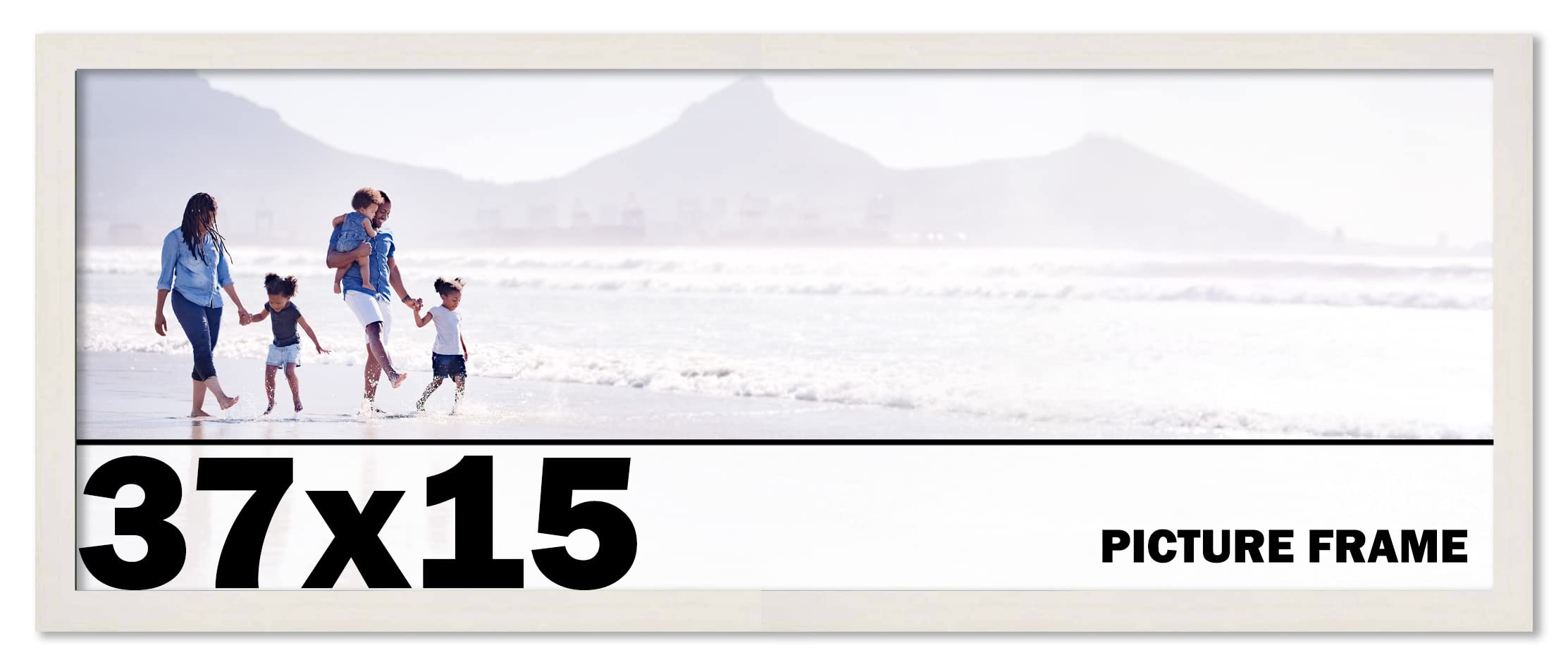 37x15 Inch White Wash Wood Picture Frame - Shatterproof UV Acrylic Front & Acid-Free Backing for Family Photos | Modern Wall Decor for Living Room, Bedroom & Office | Includes Hanging Hardware (No Mat Included)