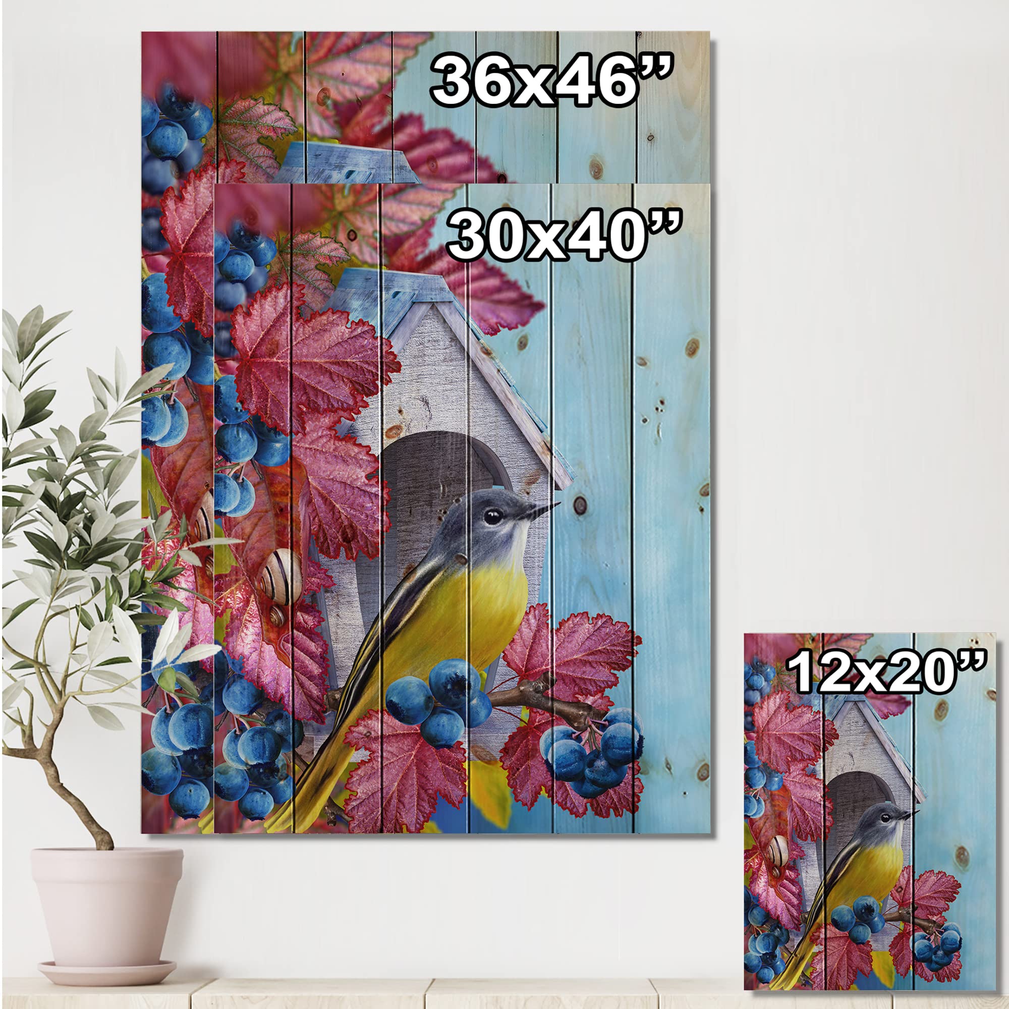 Titmouse Bird on Branch Near Birdhouse - Traditional Wood Wall Decor, Red Wood Wall Art, Large Animal Wood Panels Printed on Natural Pine - Perfect for Living Room, Bedroom & Cabin Decor