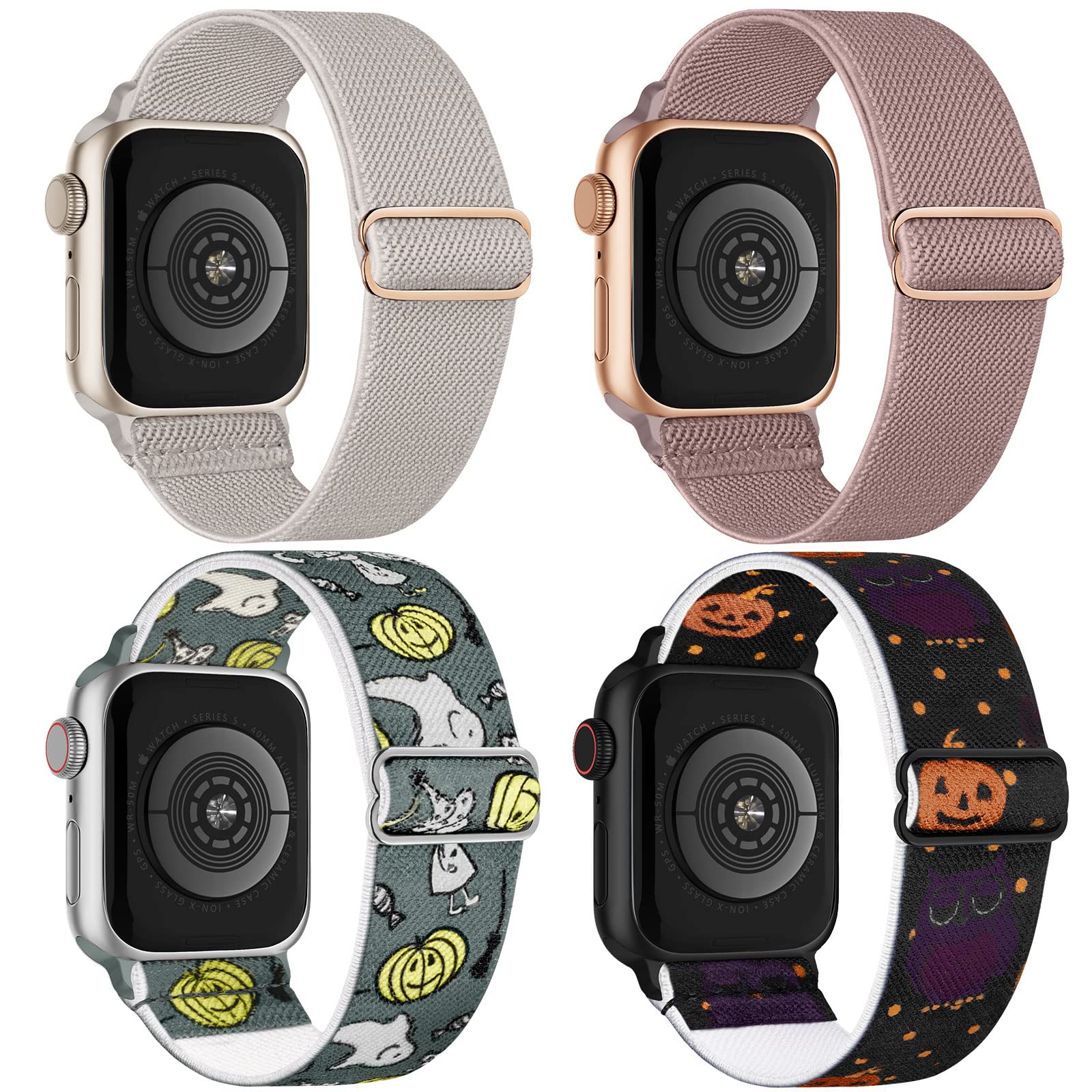Stretchy Nylon Apple Watch Bands 38mm 40mm 41mm - Adjustable Sport Elastic Straps Compatible with iWatch Series 9/8/7/6/5/4/3/2/1/Ultra/Ultra 2/SE (4 Pack) - Perfect for Halloween, Workouts & Everyday Wear