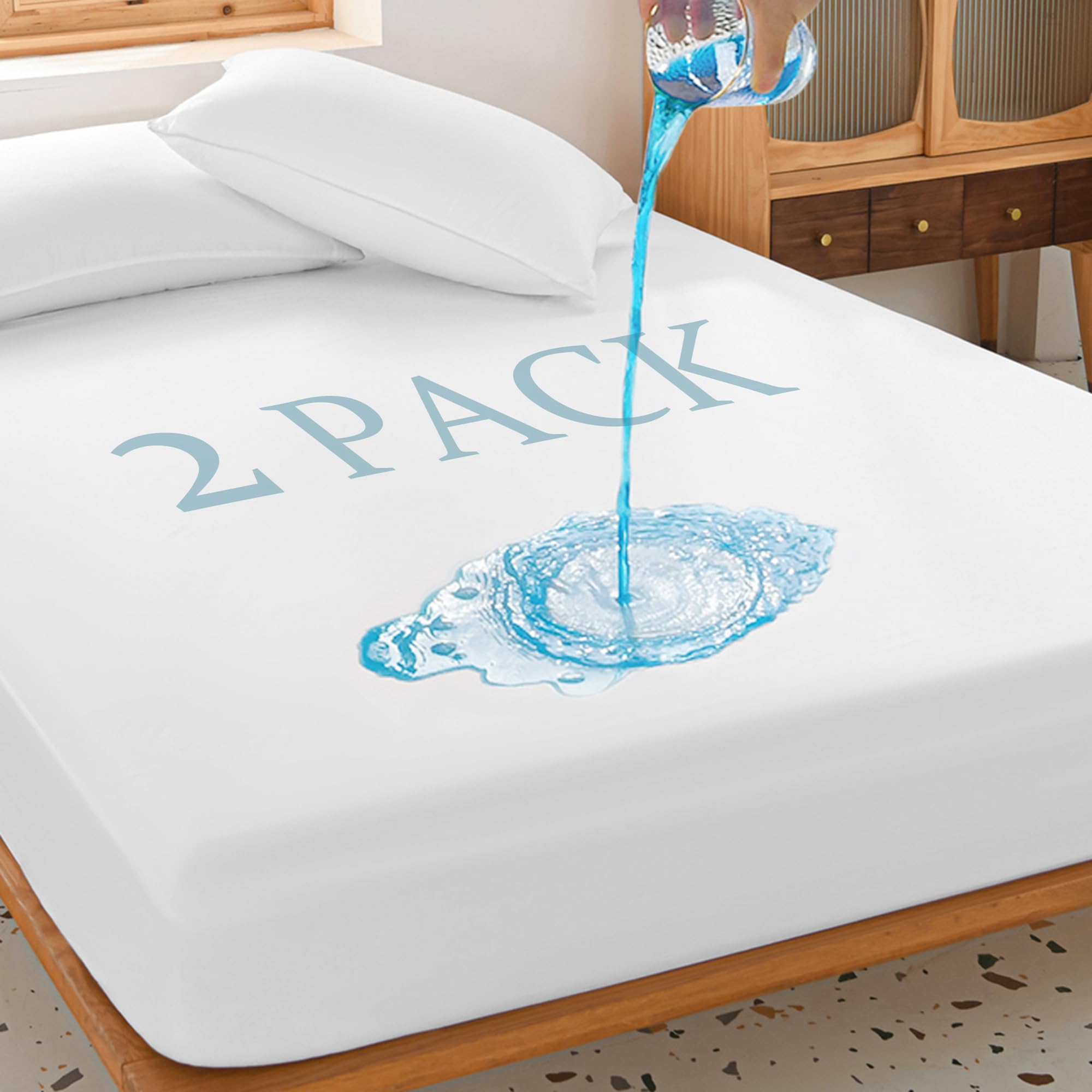 2 Pack Full Waterproof Mattress Protector - Deep Pocket Fitted Mattress Cover, Soft Breathable Noiseless Bed Pad, Stretches to 19