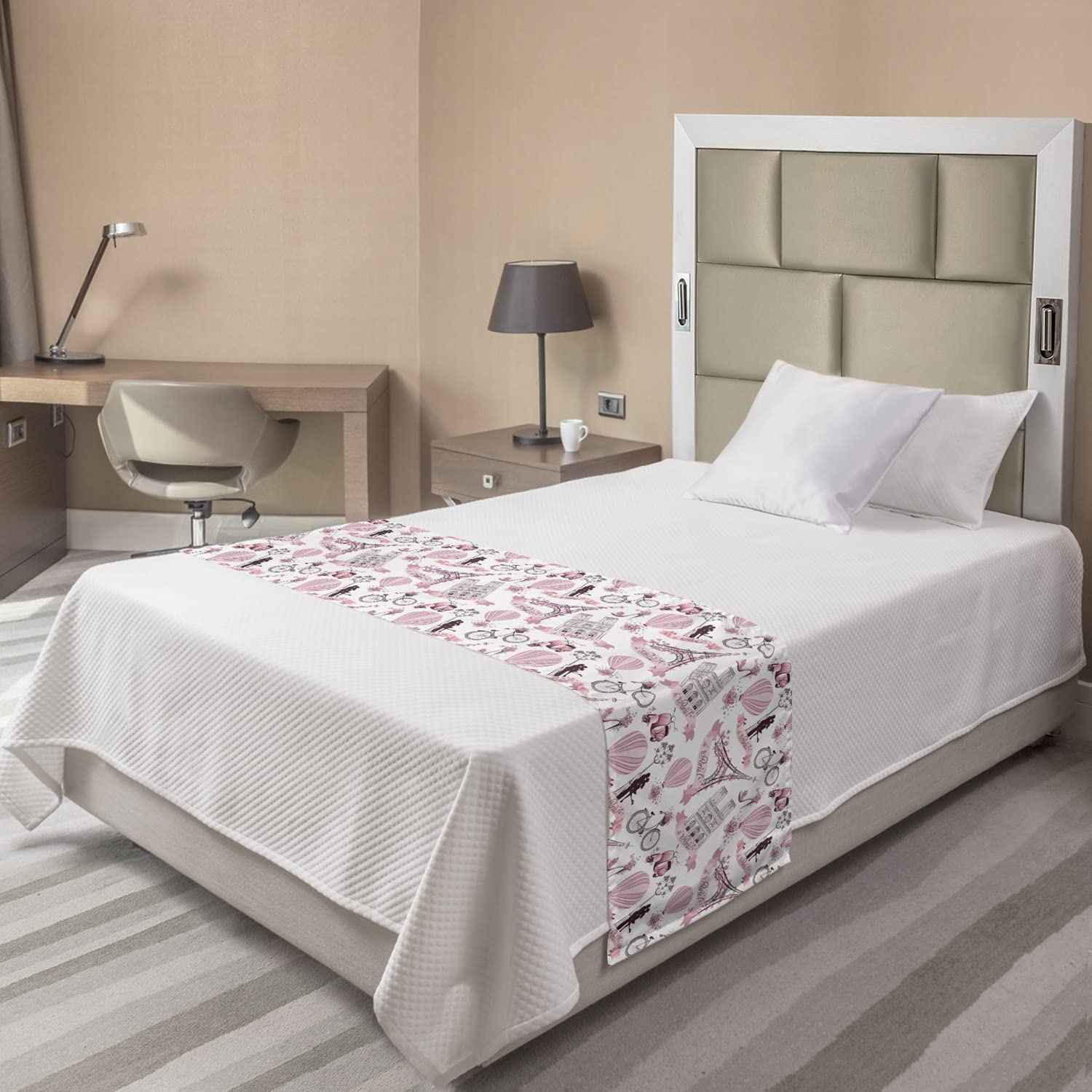 Ambesonne Paris Themed Eiffel Tower Bed Runner - Romantic Honeymoon Floral Design with Hot Air Balloons & Bicycles | Decorative Bed Scarf for Twin Beds in Pale Pink & White | Perfect for Hotels, Homes & Guest Rooms | Adds Elegance to Bedroom Decor