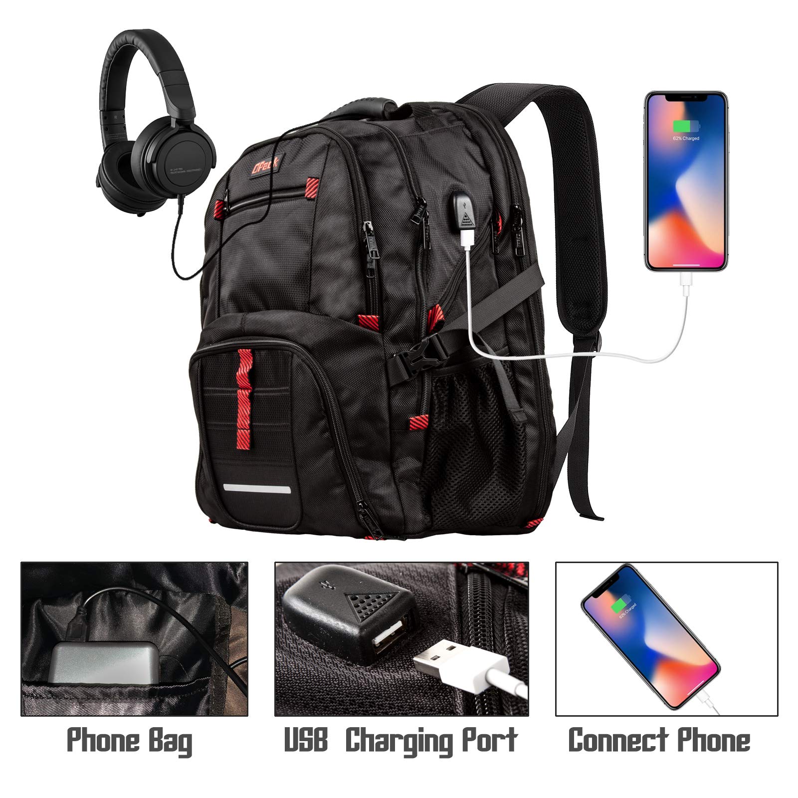 5-Star TSA Approved 17 Inch Laptop Backpack for Business Travel - USB Charging Port, Headphone Hole & RFID Protection - Perfect for Airports, Commuting & Work