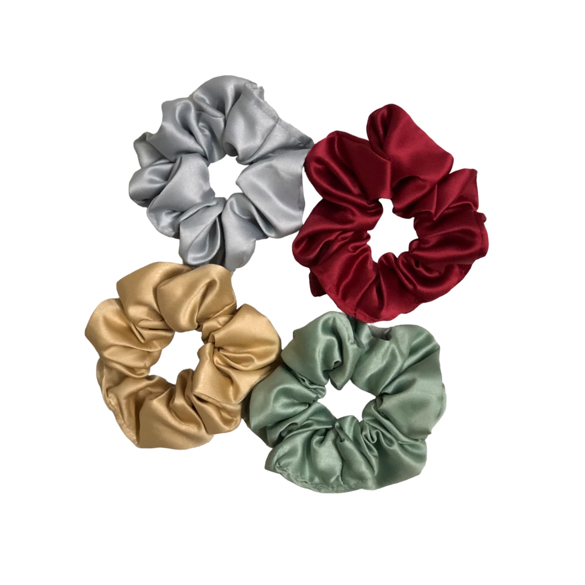 Luxury Satin Silk Scrunchies & Hair Bands for Women, Girls, Kids - Soft Elastic Hair Ties for Daily Use, Parties, Gifts in Silver, Beige, Dark Red, Pastel Green (4-Pack) - Perfect for School, Work, Weddings & Special Occasions