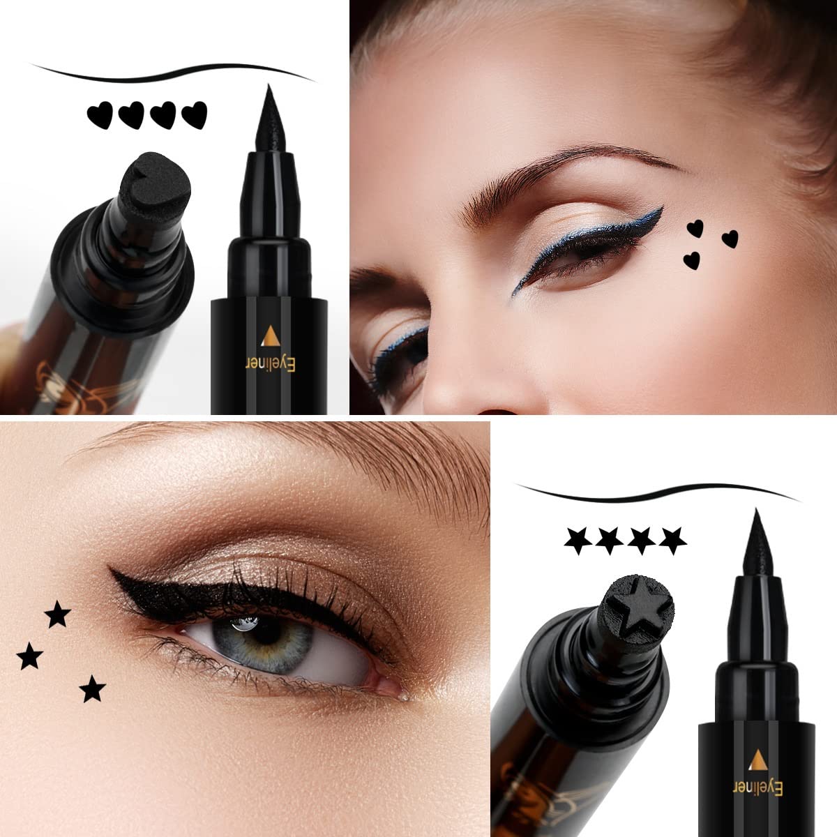 7Pcs Waterproof Eyeliner Stamp Kit with Heart, Moon, Flower Designs - Smudge-proof Liquid Eyeliner & Eyebrow Brushes Set for Women & Girls - Perfect for Parties, Cosplay & Everyday Makeup Looks