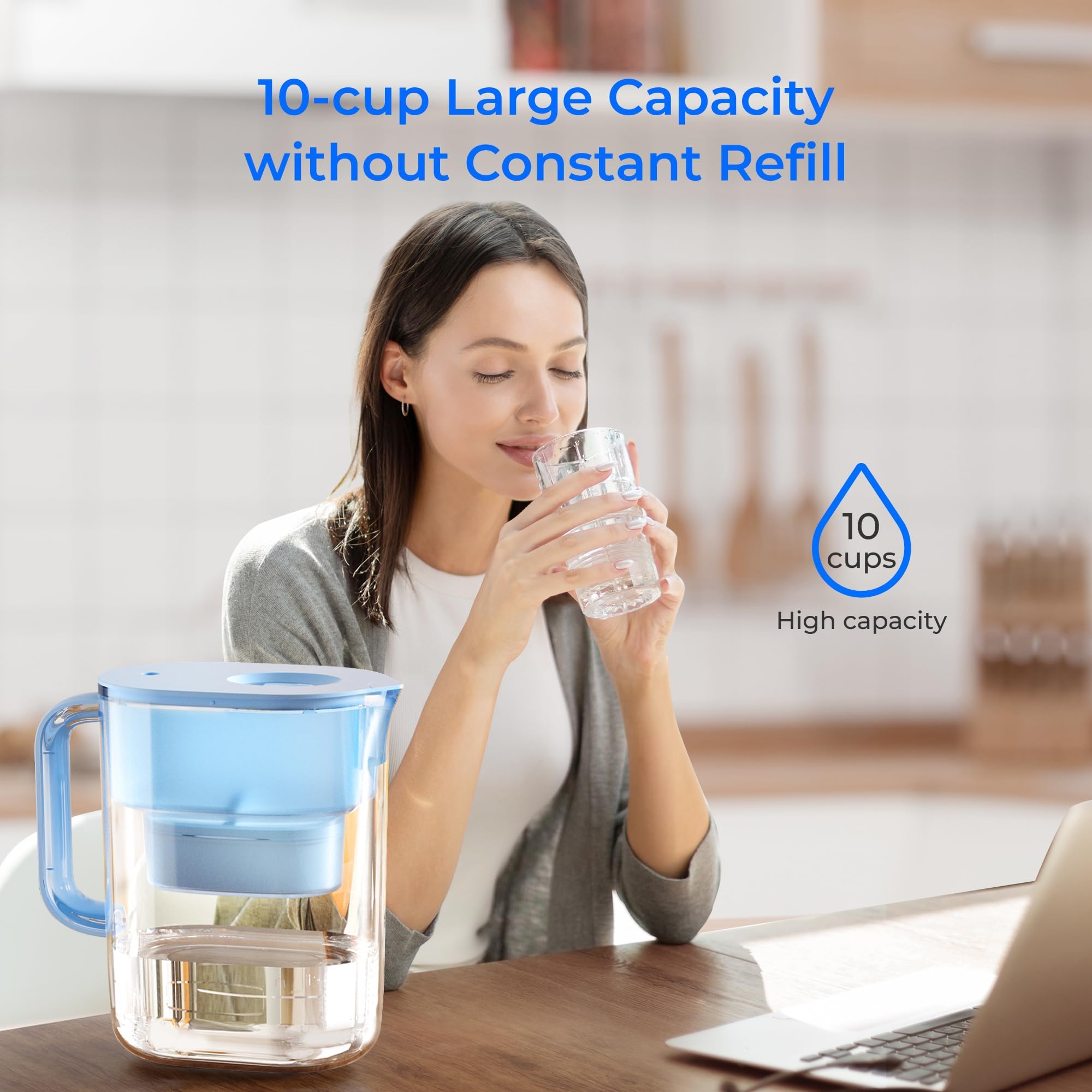 Premium Waterdrop Water Filter Pitcher with 1 Filter - 200-Gallon Capacity, 10-Cup Large NSF Certified Pitcher - Reduces PFOA, PFOS, Chlorine & Impurities - Perfect for Home, Office & Kitchen Use - Blue