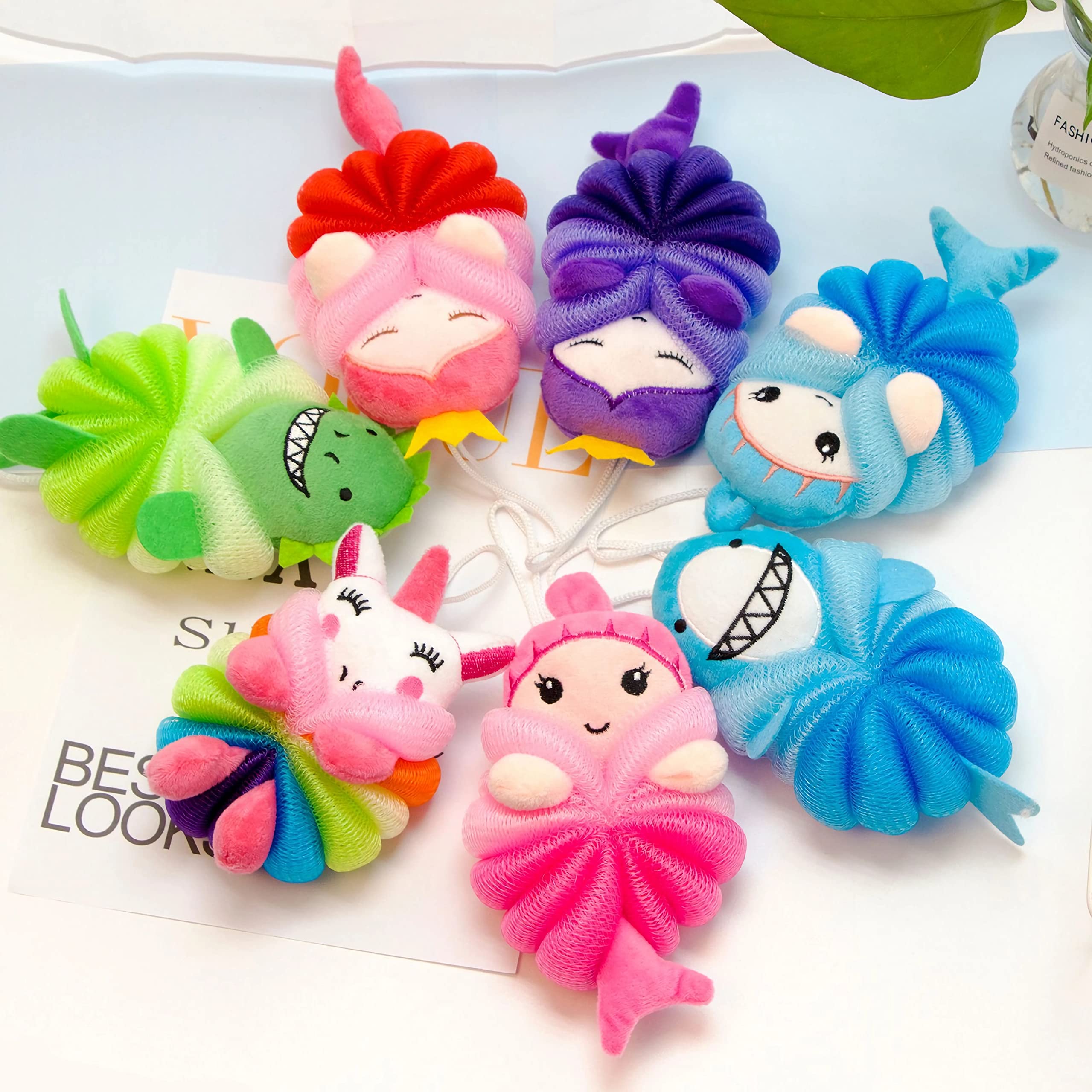MURRI&MURRDI 4 Pack Kids Bath Loofah Sponge - Cute Animal Shower Pouf, Soft Mesh Body Scrubber for Toddlers & Children, Gentle Exfoliating Bath Sponge (55g, 4 Cartoon Designs) - Perfect for Fun Bath Time, Baby Shower Gifts & Kids Hygiene Routine